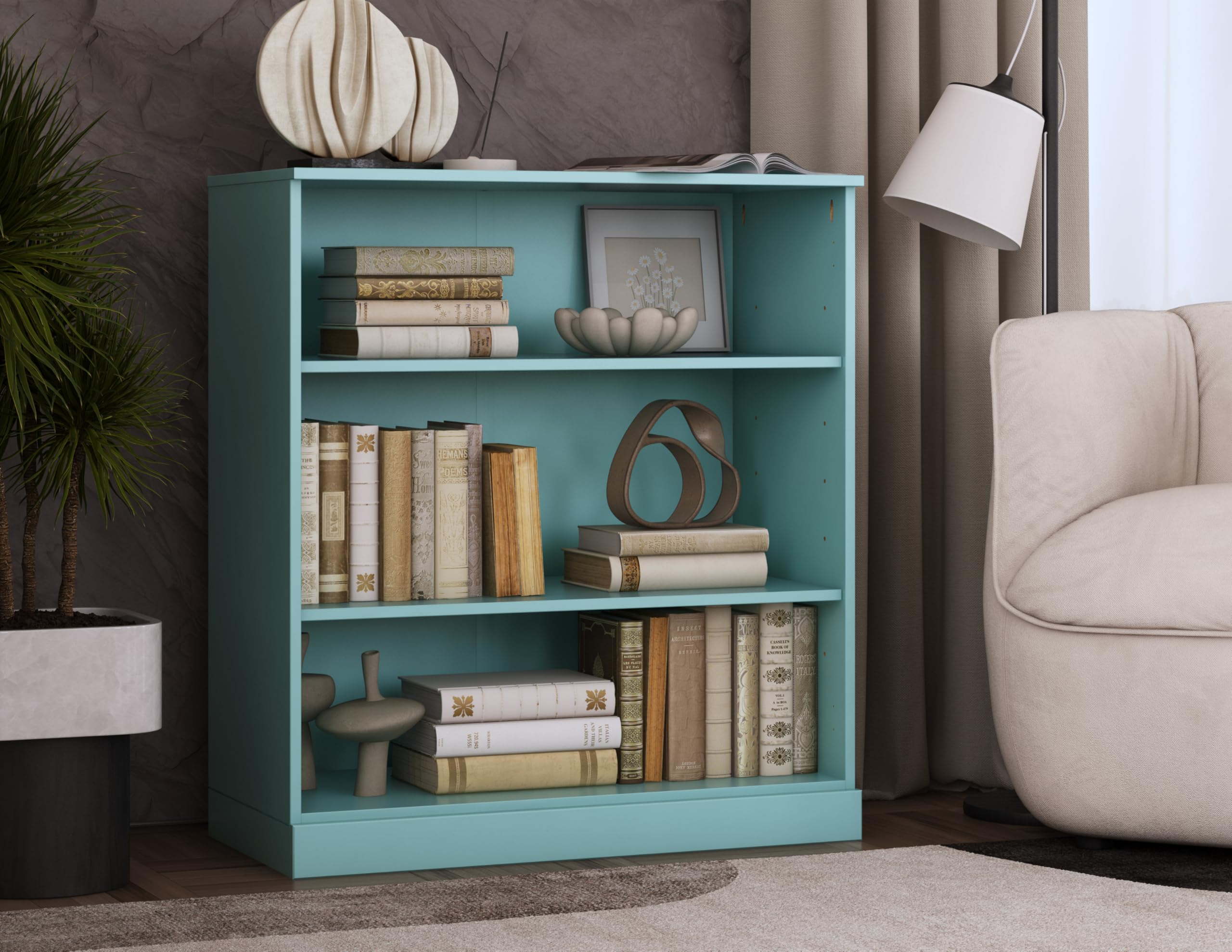 Solid Wood Bookcase - 3 Tier Floor Standing Bookshelf - 36" Short Storage Shelf, 32” Wide - Aqua, Display Furniture for Living Space, Renewable 100% Eco-Friendly Wood, Made in Brazil