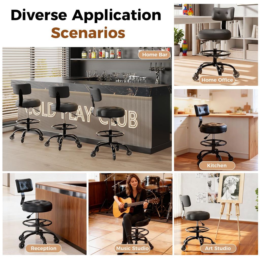 Office Drafting Chair with Footrest, Tall Height Adjustable Stool with Back Support, Heavy Duty Rolling Stool Chair with Wheels for Office Home Kitchen Bar Shop Guitar Studio Vanity, Black