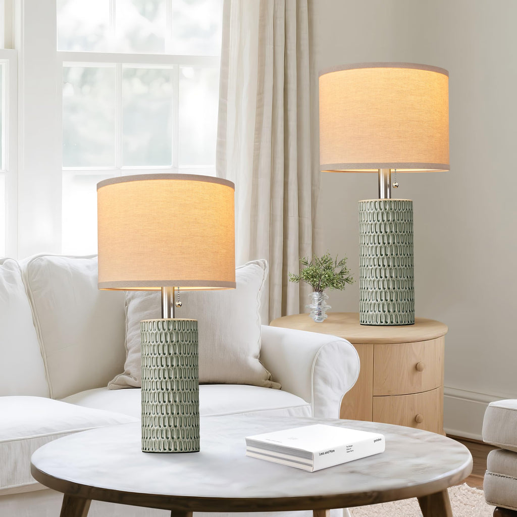 20.5" Modern Ceramic Table Lamps for Bedroom Set of 2, Bedside Lamps for Night Stands with Beige Lampshade, Farmhouse Table Lamp for Living Room Office Dorm, Light Green