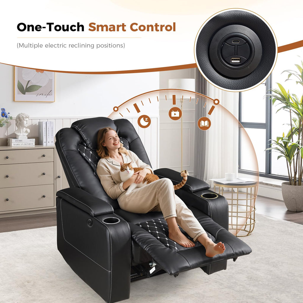 Power Recliner Chair Set of 7, Electric Soft Faux Leather Reclining Home Theater Seating - USB Ports, Cup Holders, Hidden Arm Storage Movie & Media Room Chairs (Black)