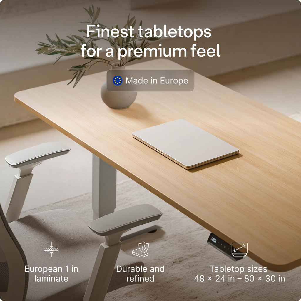 Standing Desk 54x28 — Made in Europe, Ergonomic Sit Stand Home Office Desk, Electric Height Adjustable, Dual Motor, USB & USB-C Charging, Wobble-Free, Touchscreen, 3 Memory Presets