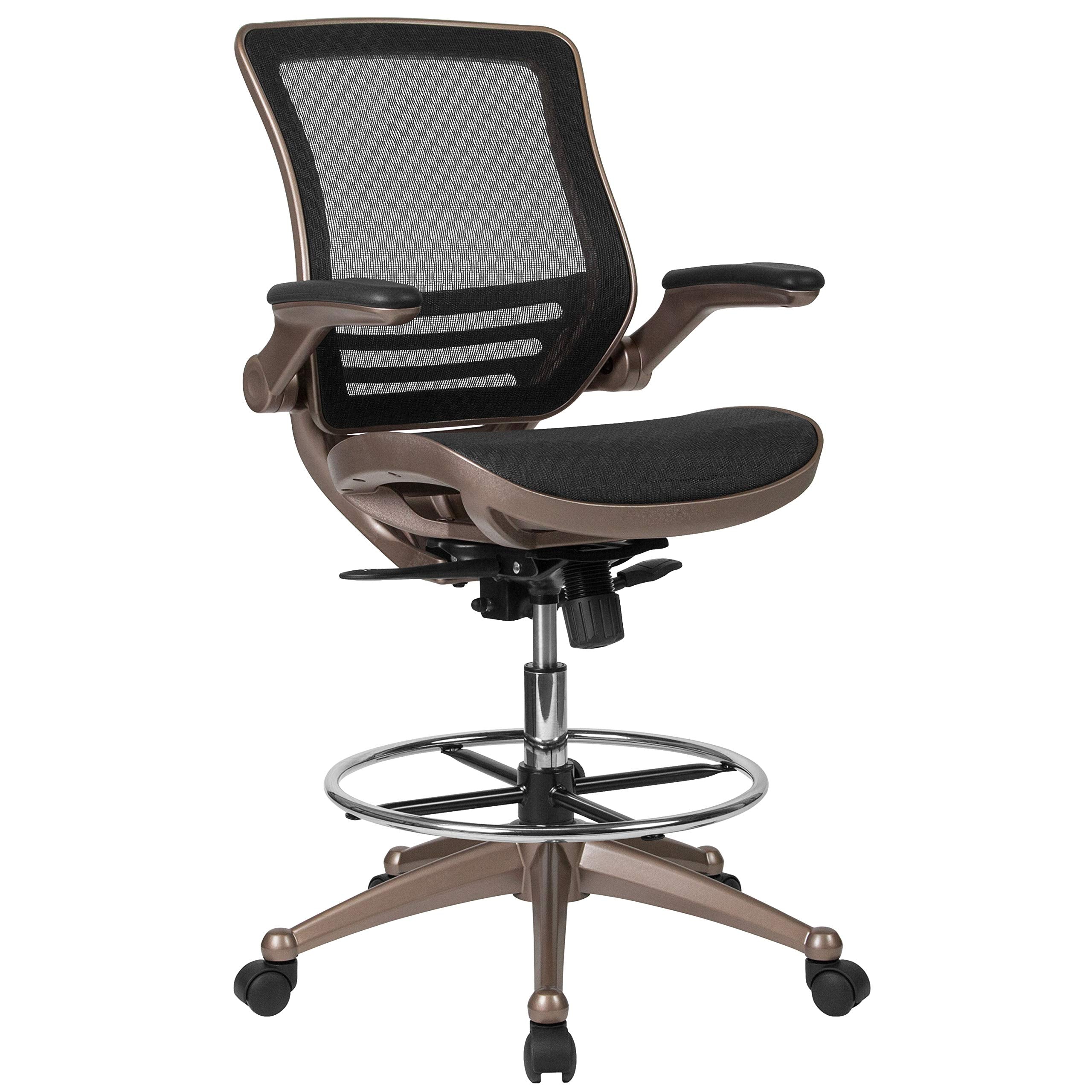 Mid-Back Swivel Office Chair with Adjustable Foot Ring and Seat Height, Ergonomic Mesh Chair with Armrests, Black/Gold