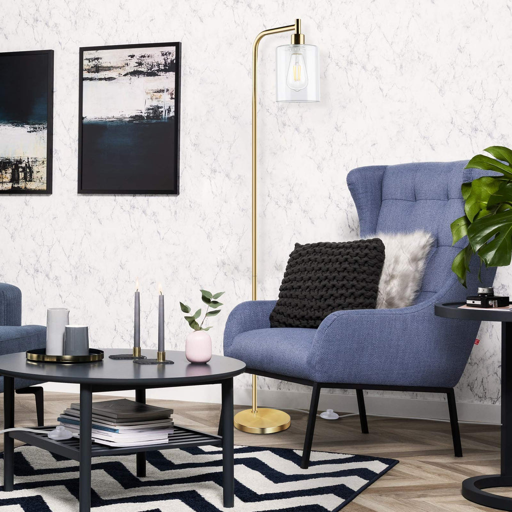 Brass Gold Industrial Floor Lamp with Hanging Glass Shade