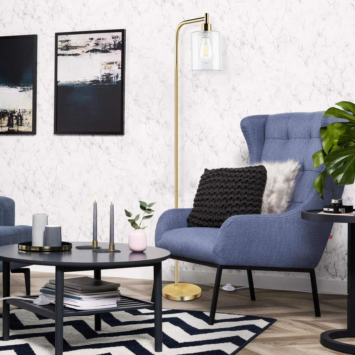 Brass Gold Industrial Floor Lamp with Hanging Glass Shade