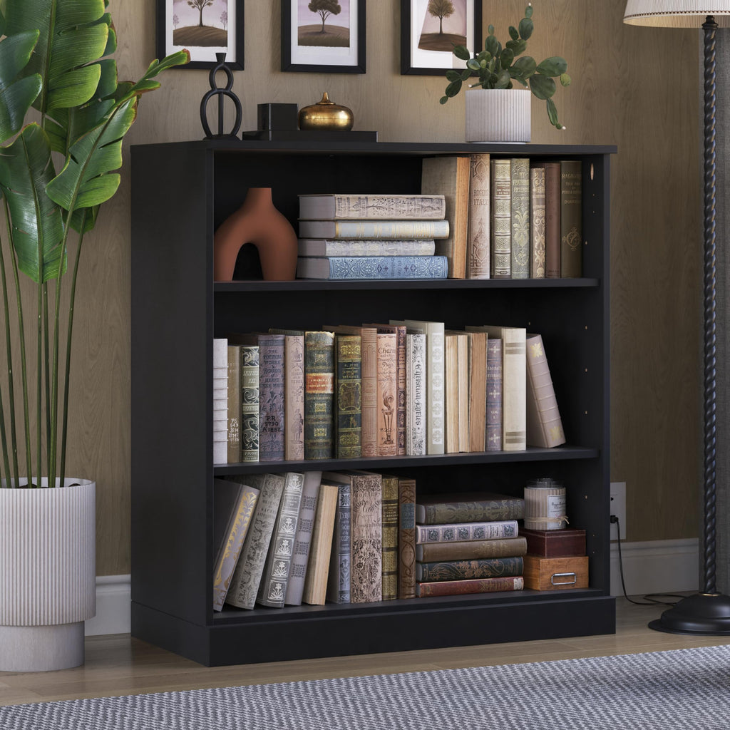Solid Wood Bookshelf - 32” W x 36" H - 3 Shelf Bookcase - Black, Short Bookcase with Adjustable Shelves for Living Room Display Furniture, 100% Eco-Friendly Wood, Modular Cabinets