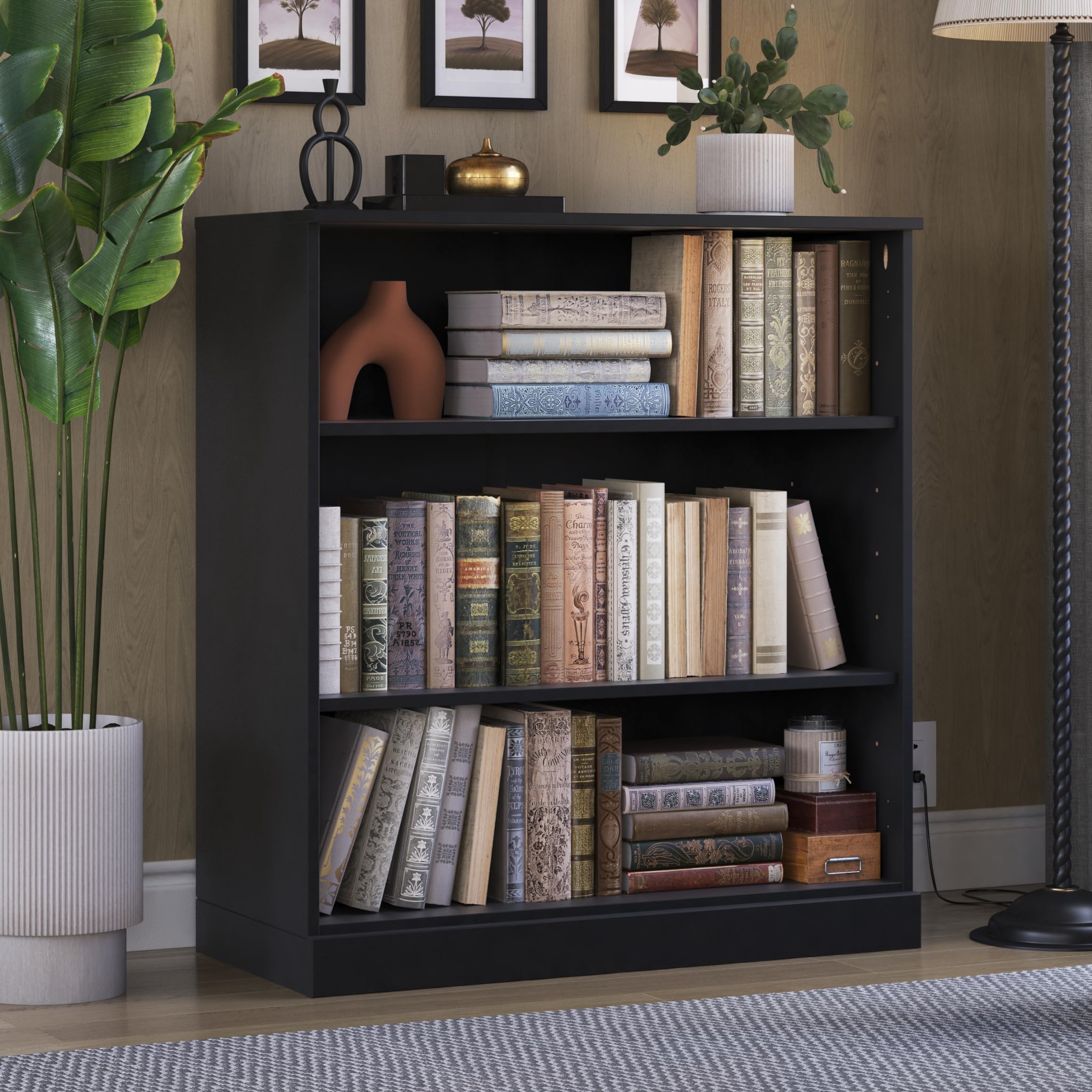 Solid Wood Bookshelf - 32” W x 36" H - 3 Shelf Bookcase - Black, Short Bookcase with Adjustable Shelves for Living Room Display Furniture, 100% Eco-Friendly Wood, Modular Cabinets