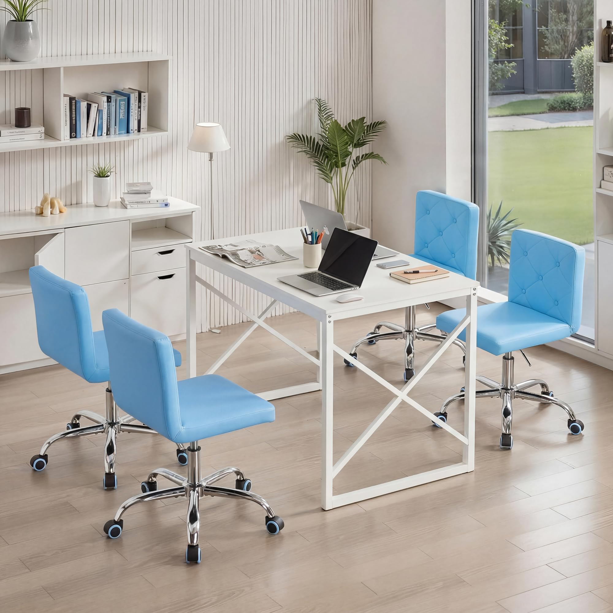 PU Leather Mid-Back Armless Vanity Chair Adjustable Height 360° Rolling Swivel for Office Work