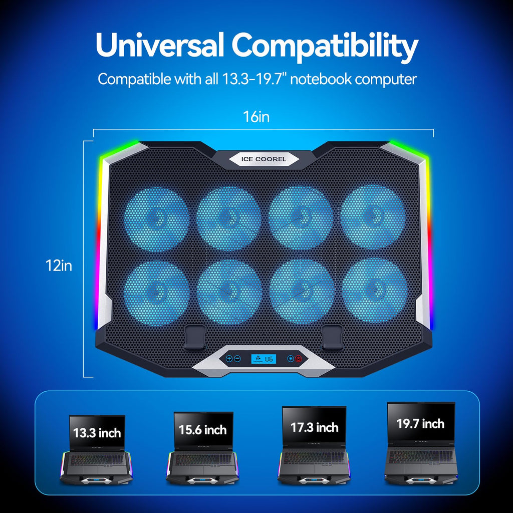 Laptop Cooling Pad with 8 Cooling Fans, Laptop Fan Cooler Pad for 15-17.3 Inch, Notebook Cooler Stand with 6 Height Adjustable, RGB Cooling Pad with Two USB Port + Phone Stand