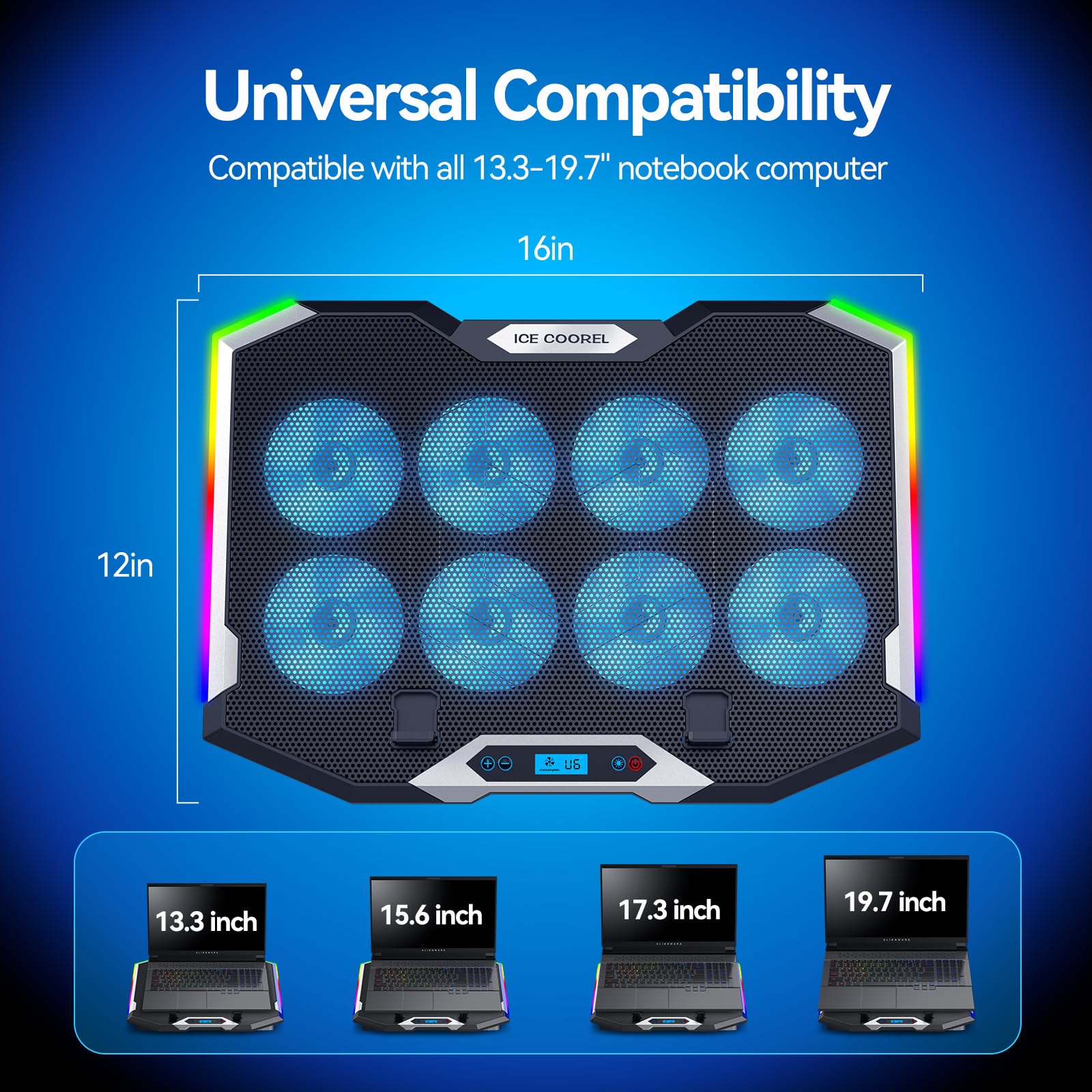 Laptop Cooling Pad with 8 Cooling Fans, Laptop Fan Cooler Pad for 15-17.3 Inch, Notebook Cooler Stand with 6 Height Adjustable, RGB Cooling Pad with Two USB Port + Phone Stand