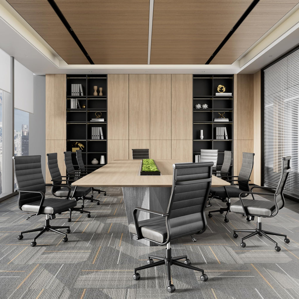Genuine Leather Office Desk Chair, Mid-Century Modern Real Leather Conference Room Chairs, Ergonomic Executive Ribbed Height Adjustable Swivel Rolling Chair for Home Office.