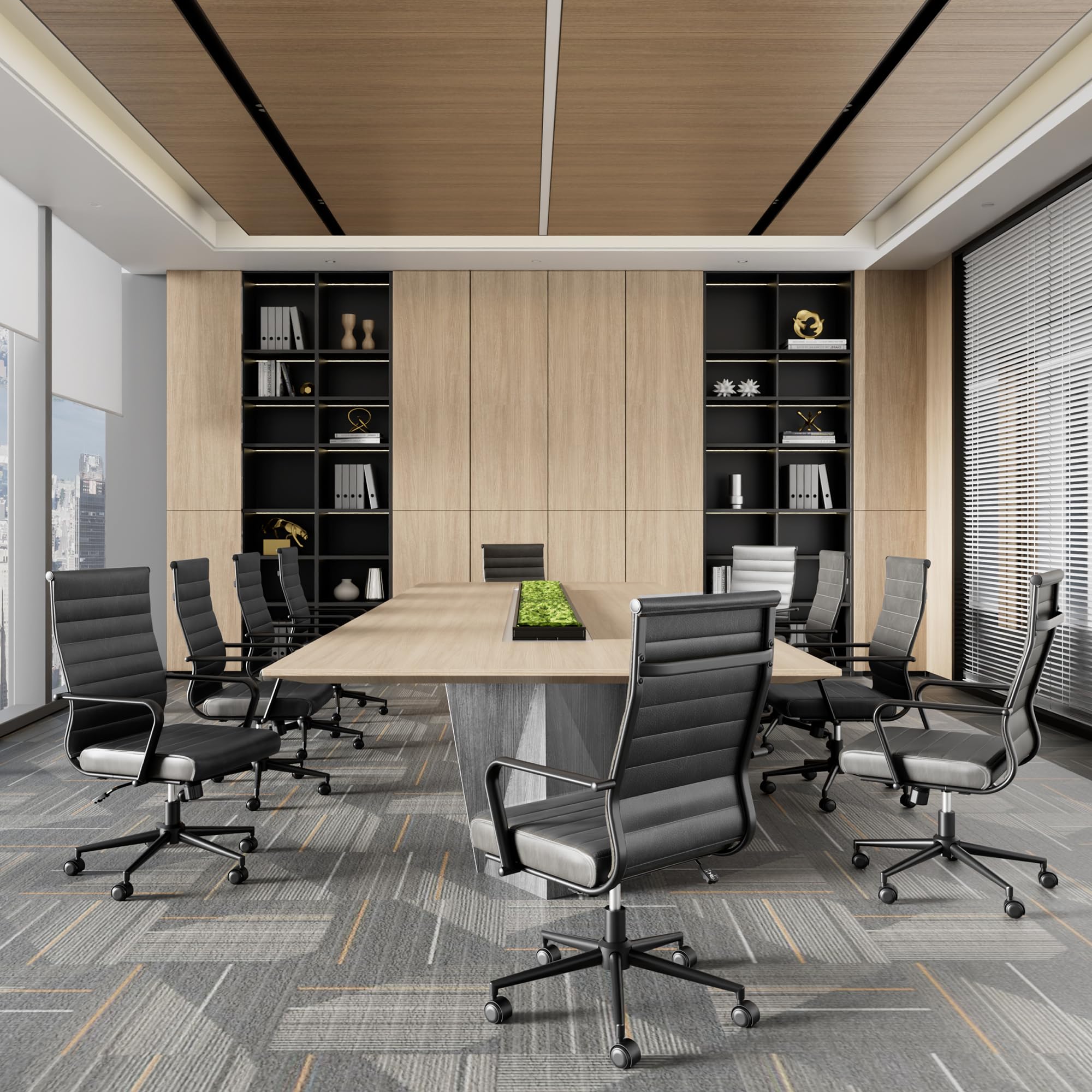 Genuine Leather Office Chair, Mid-Century Modern Real Leather Conference Room Chairs, Ergonomic Executive Ribbed Height Adjustable Swivel Rolling Desk Chair for Home Office.