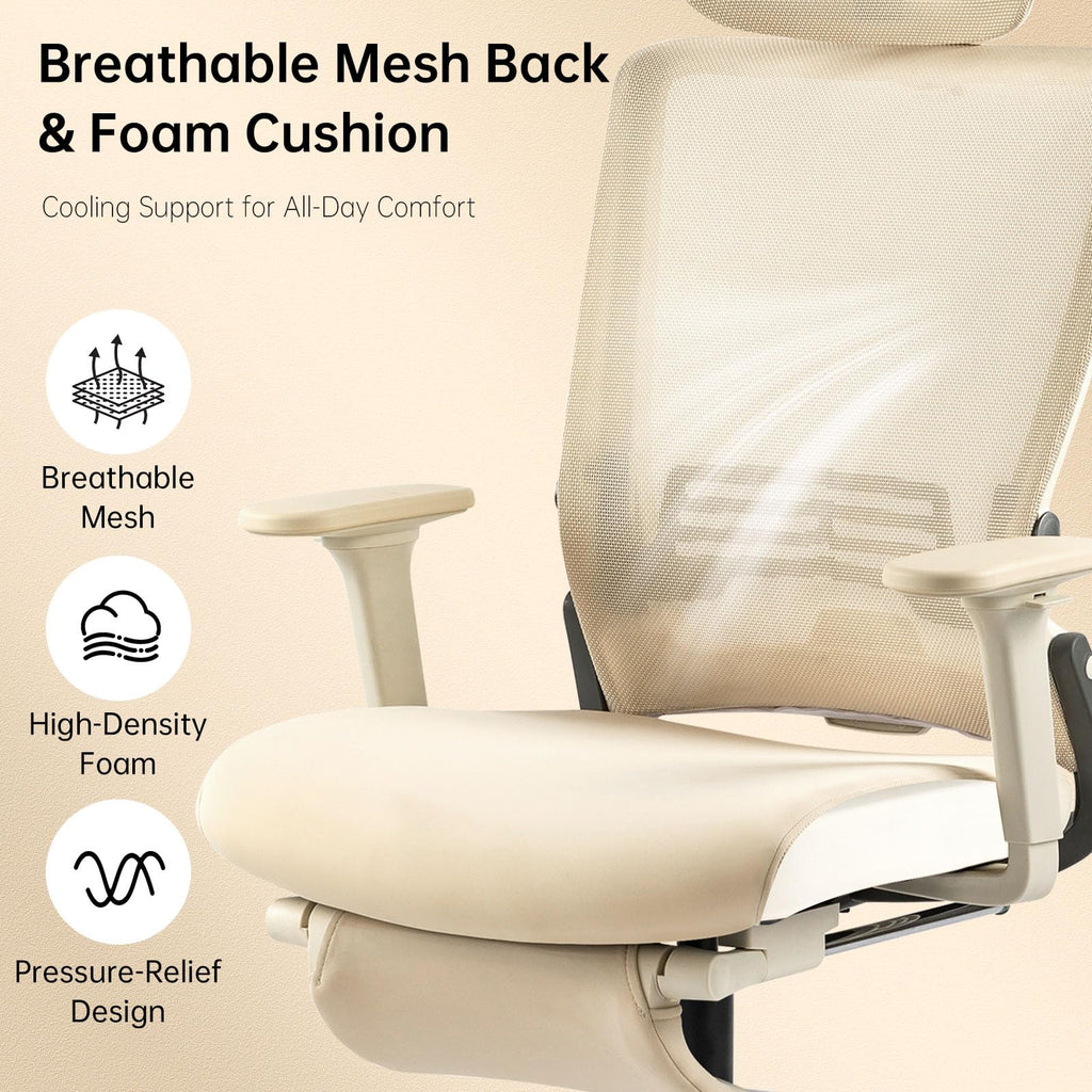 Foldable Office Chair with Foot Rest, Ergonomic Office Chair with Adjustable Lumbar Support, Headrest, Armrest, Home Office Desk Chair for Space Saving, Work from Home, Cream
