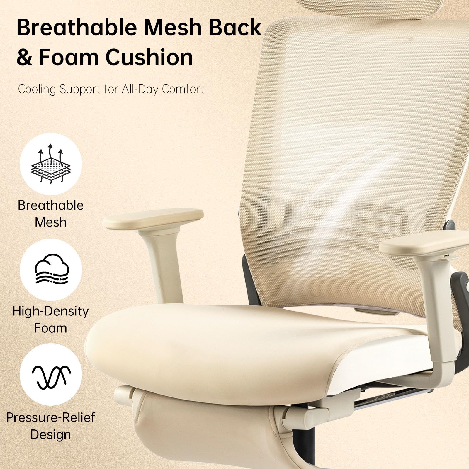 Foldable Office Chair with Foot Rest, Ergonomic Office Chair with Adjustable Lumbar Support, Headrest, Armrest, Home Office Desk Chair for Space Saving, Work from Home, Cream