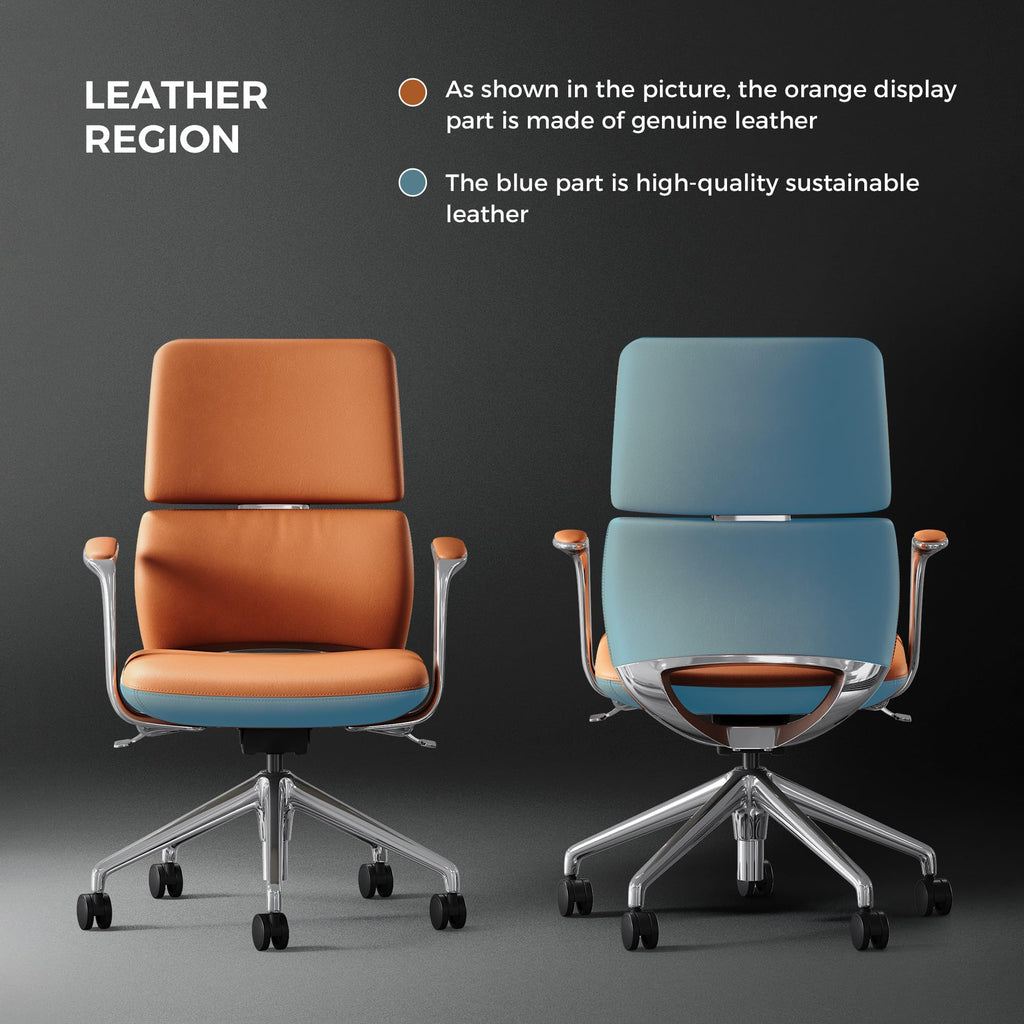 Genuine Leather Office Desk Chair with Wheels, Ergonomic Leather Executive Chair, Mid Back, Swivel Base with Adjustable Tilt, Modern Style, Luxury Aluminum Frame (Orange)