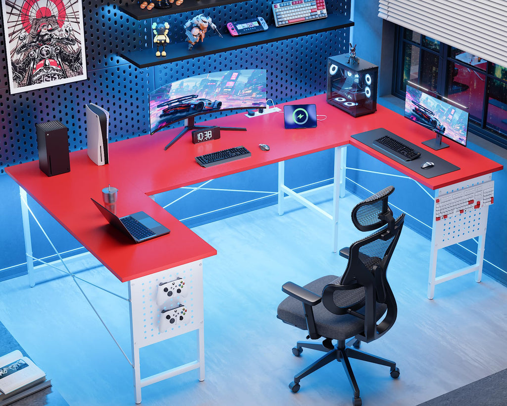 71 Inch Large Computer Desk with Power Outlets,U Shaped Corner Desk for Home Office Work and Gaming Red