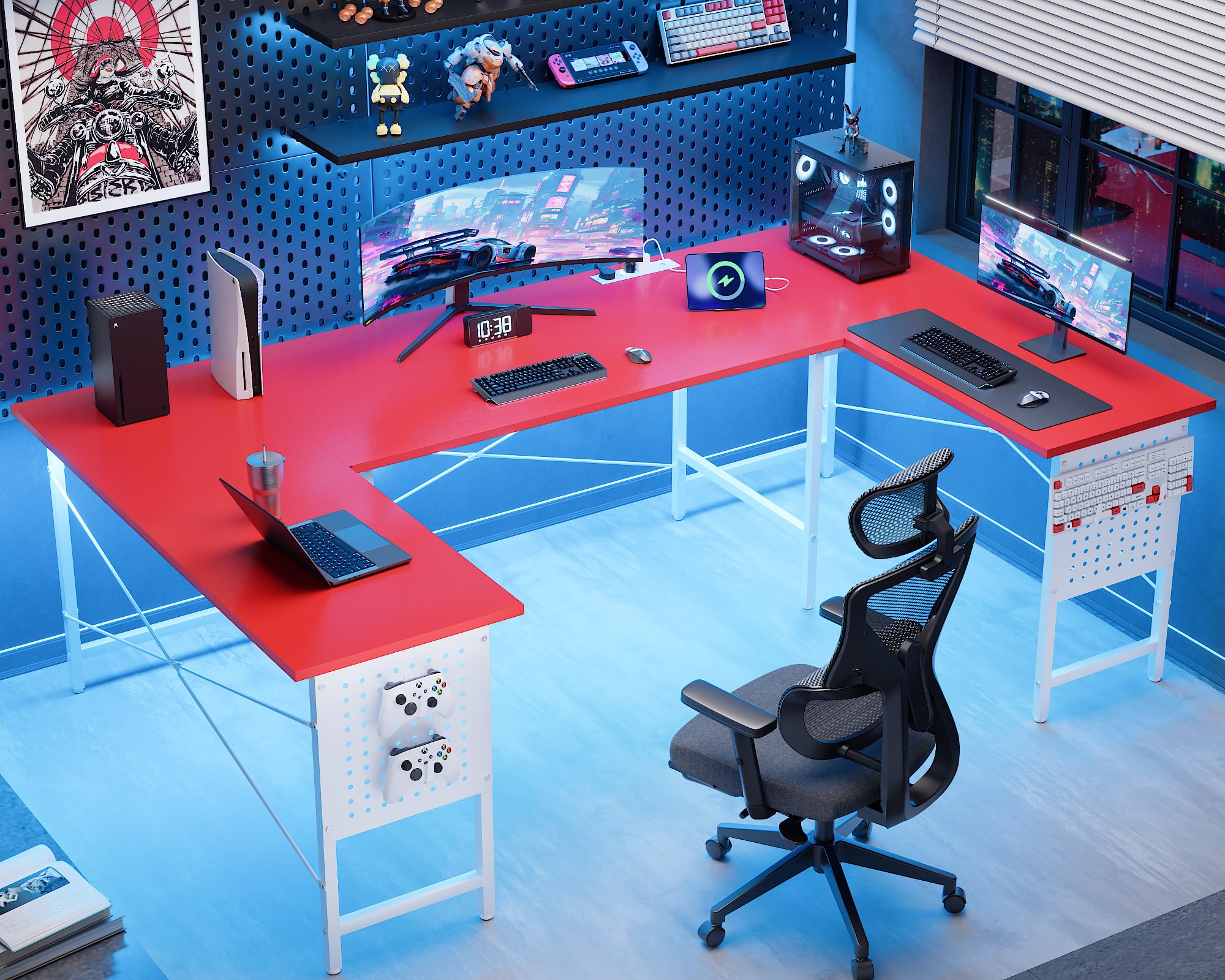 71 Inch Large Computer Desk with Power Outlets,U Shaped Corner Desk for Home Office Work and Gaming Red