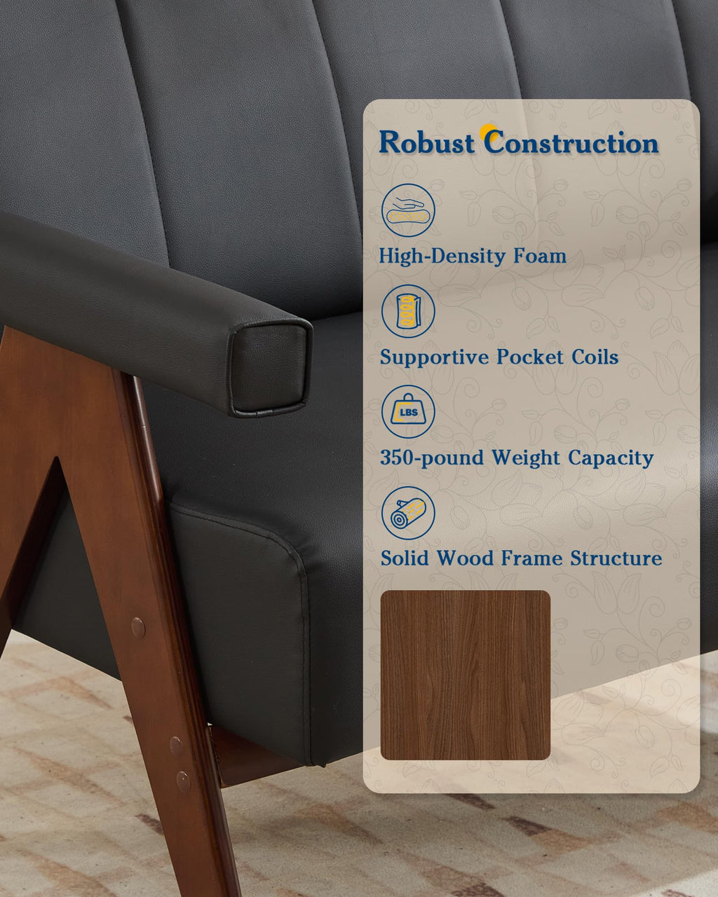 Mid Century Modern Accent Chairs Set of 2, Solid Wood Frame Black Leather Armchairs, Modern Reading & Living Room Chairs for Office Guest & Waiting Room