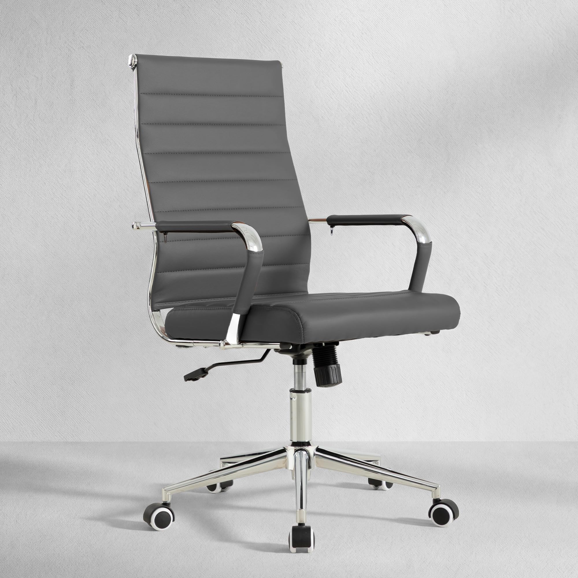 Grey Office Desk Chair, Ergonomic Leather Modern Conference Room Chairs, Executive Ribbed Height Adjustable Swivel Rolling Chair for Home Office.