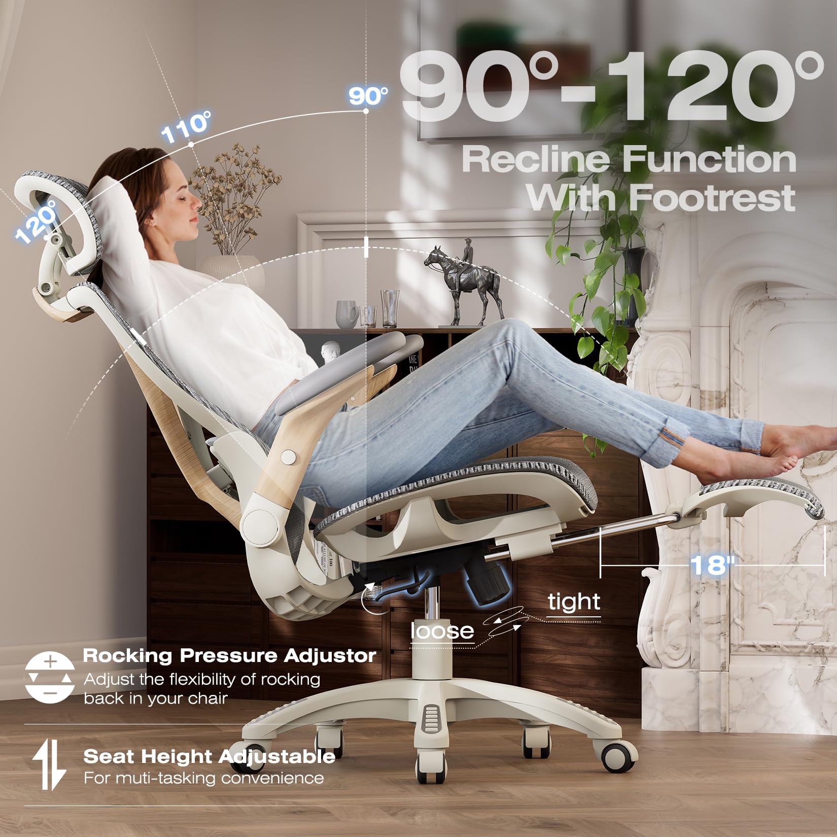 X100 Ergonomic Office Chair with Footrest, Big and Tall Home Desk Chair with 5D Flip-Up Arms, Adjustable 3D Lumbar Support,High Back Rolling Computer Chair, Swivel Mesh Chairs (Foggy Morning)