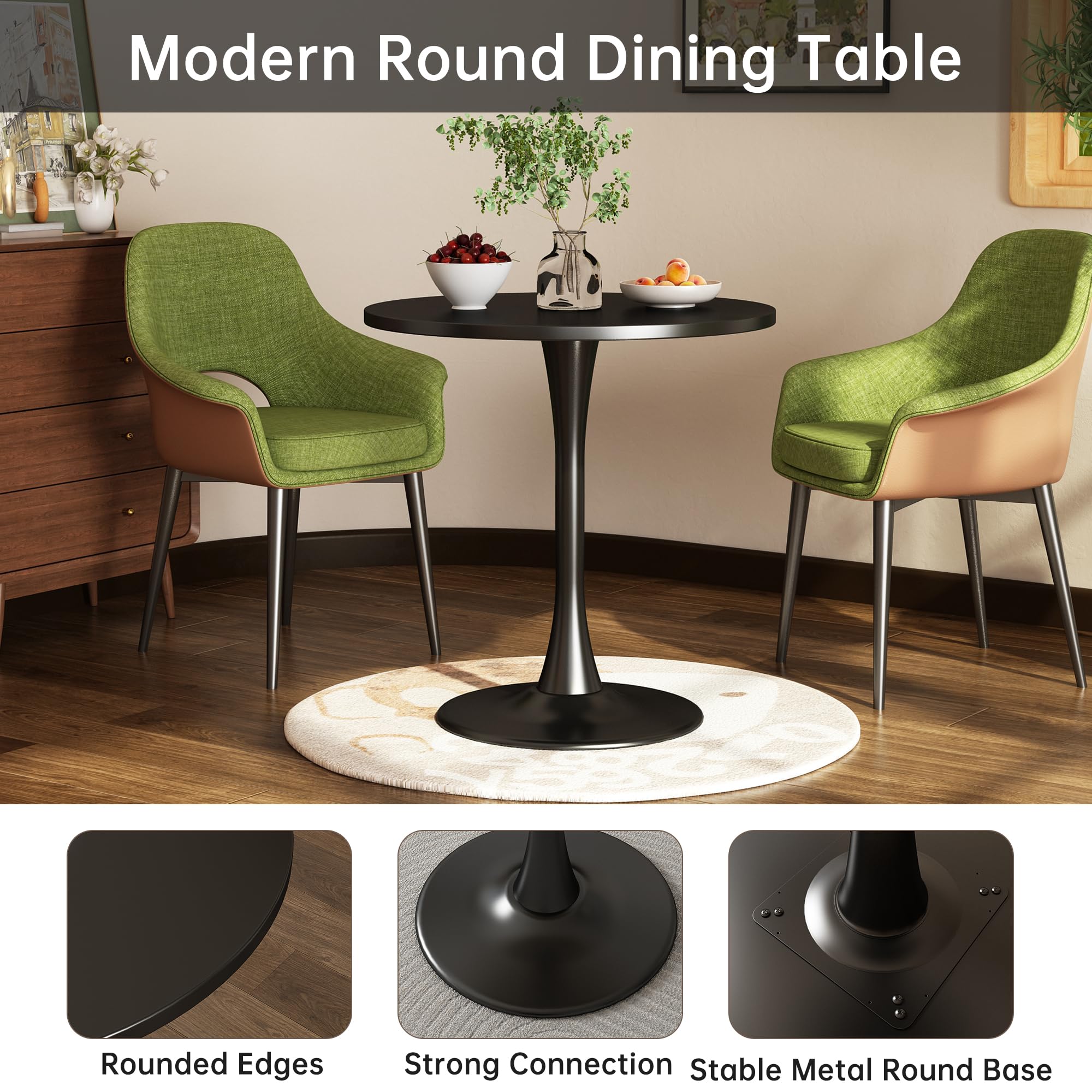 Kasinali Round Dining Table 24" Circle Tulip Table with Wood Thickened Tabletop & Sturdy Metal Pedestal Mid Century Modern Leisure Bistro Kitchen Tables 2 People Small Places Living Room Cafe,Black