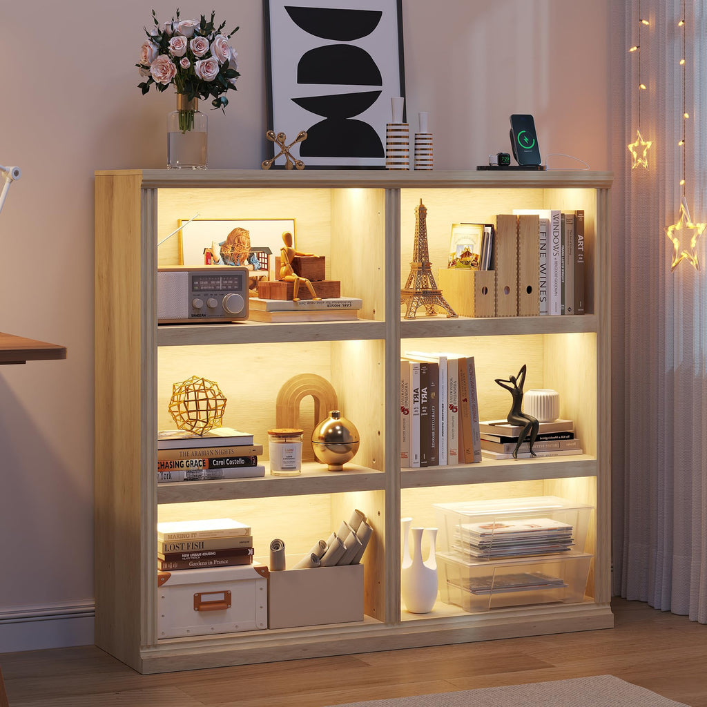 6-Cube LED Bookshelf with Motion Sensor and USB Type-C - Natural Wood