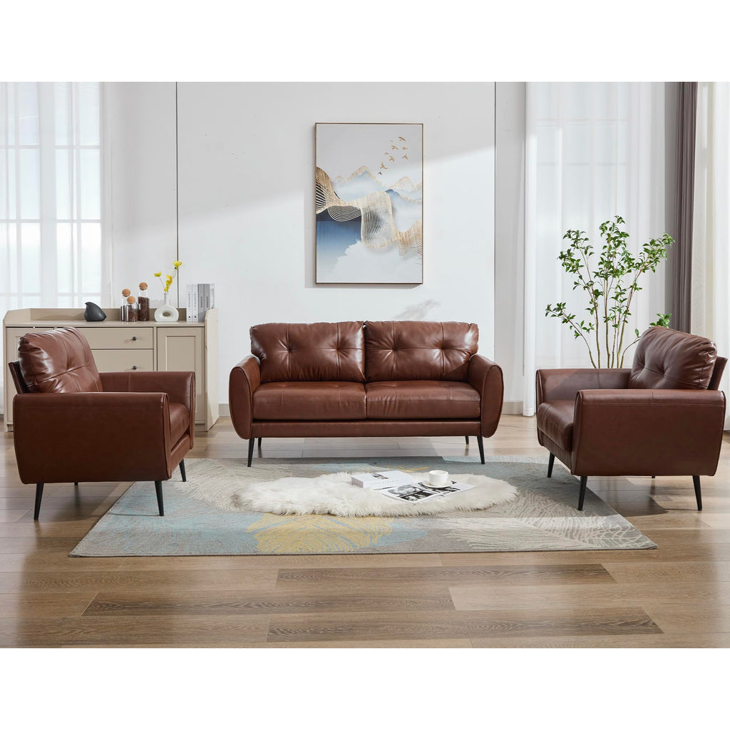Sofa Couch 61" Small Loveseat Couches for Living Room Leather Couch Mid Century Modern Tufted Mini Sofa Comfy Office 2 Seat Settee Love Seat Loveseat for Small Spaces Bedroom (3, Brown)