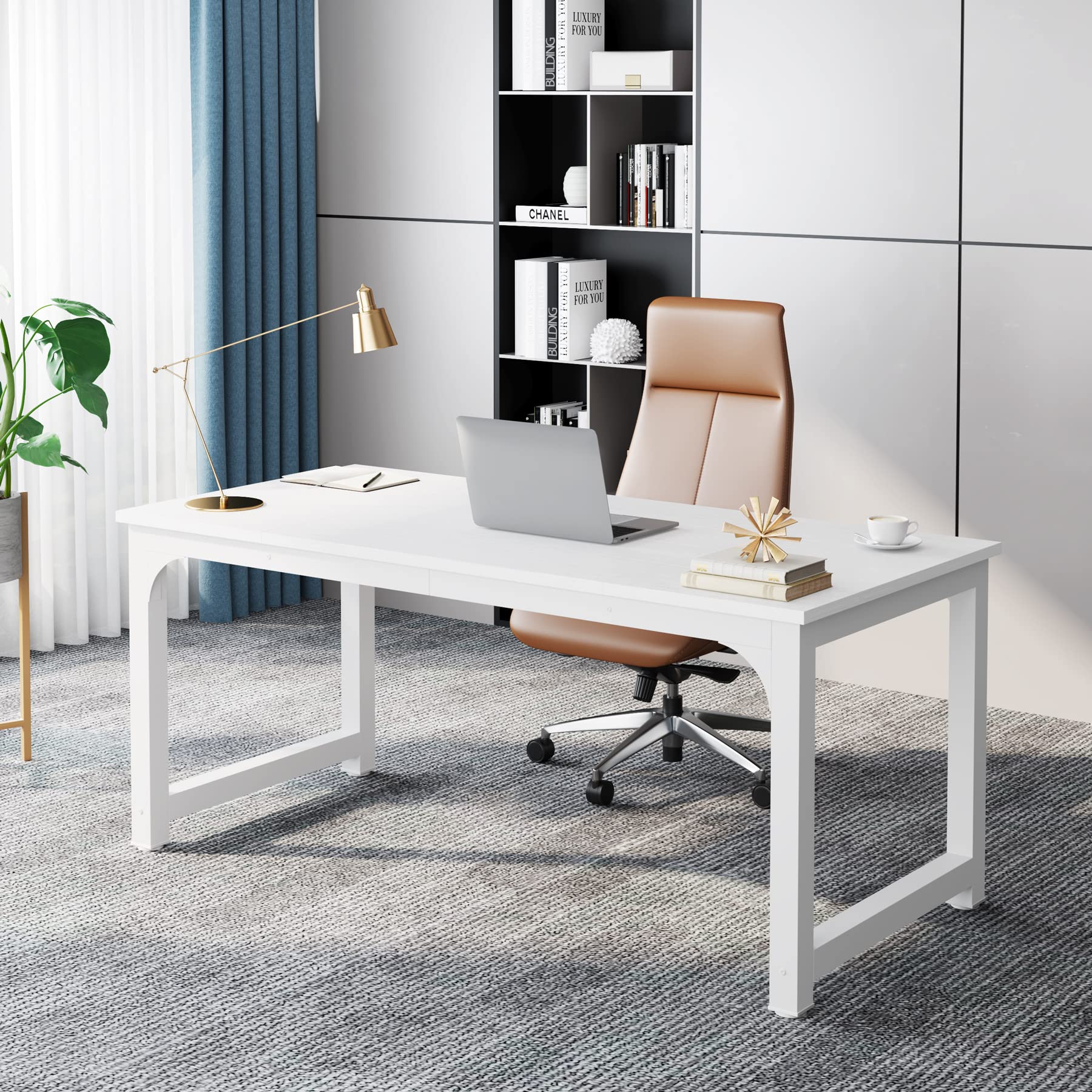 63”Executive Desk, Large Office Computer Desk with Thicken Frame, Modern Simple Workstation Business Furniture for Home Office, White