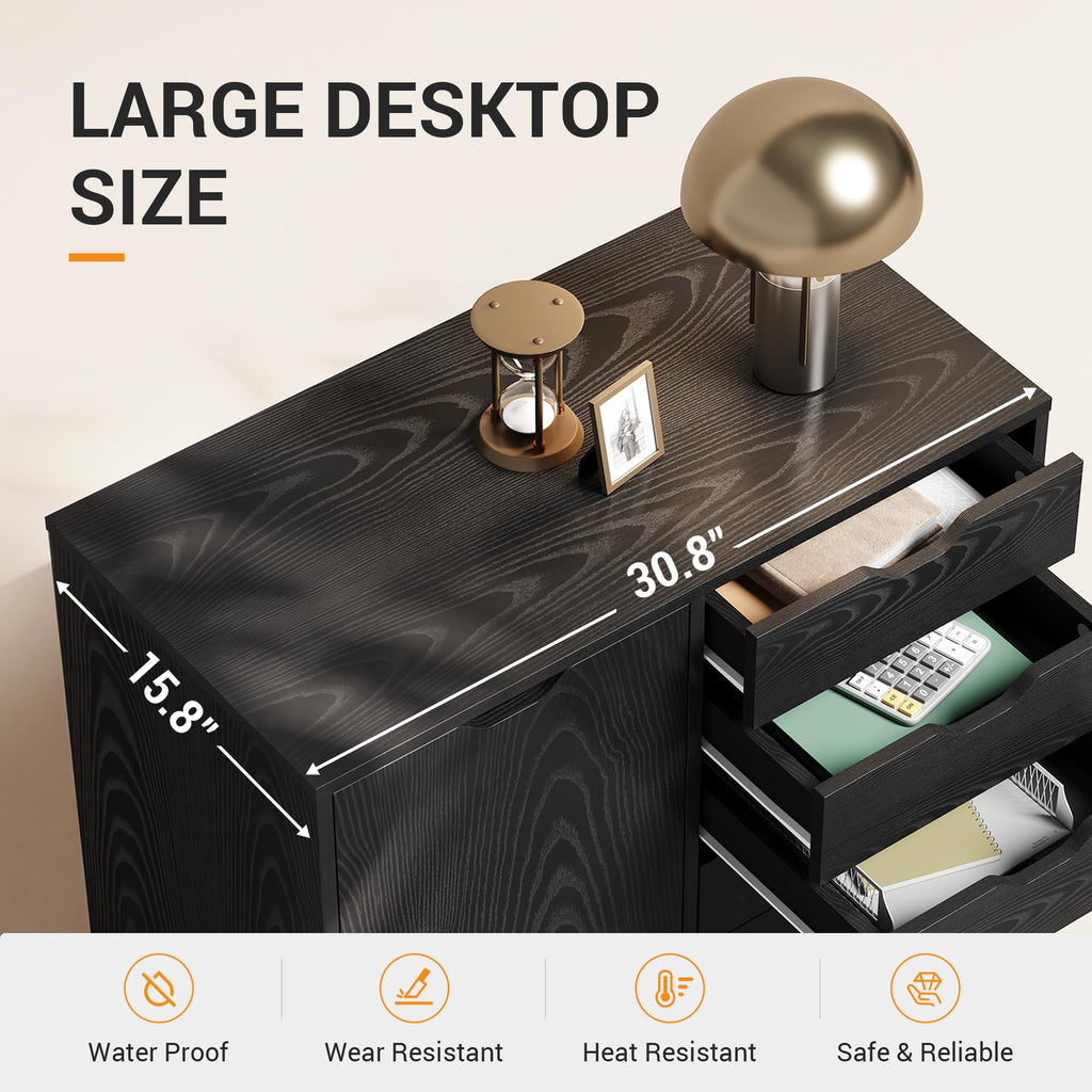 5-Drawer Wood Drawer Cabinet, Office Storage Cabinet, Black