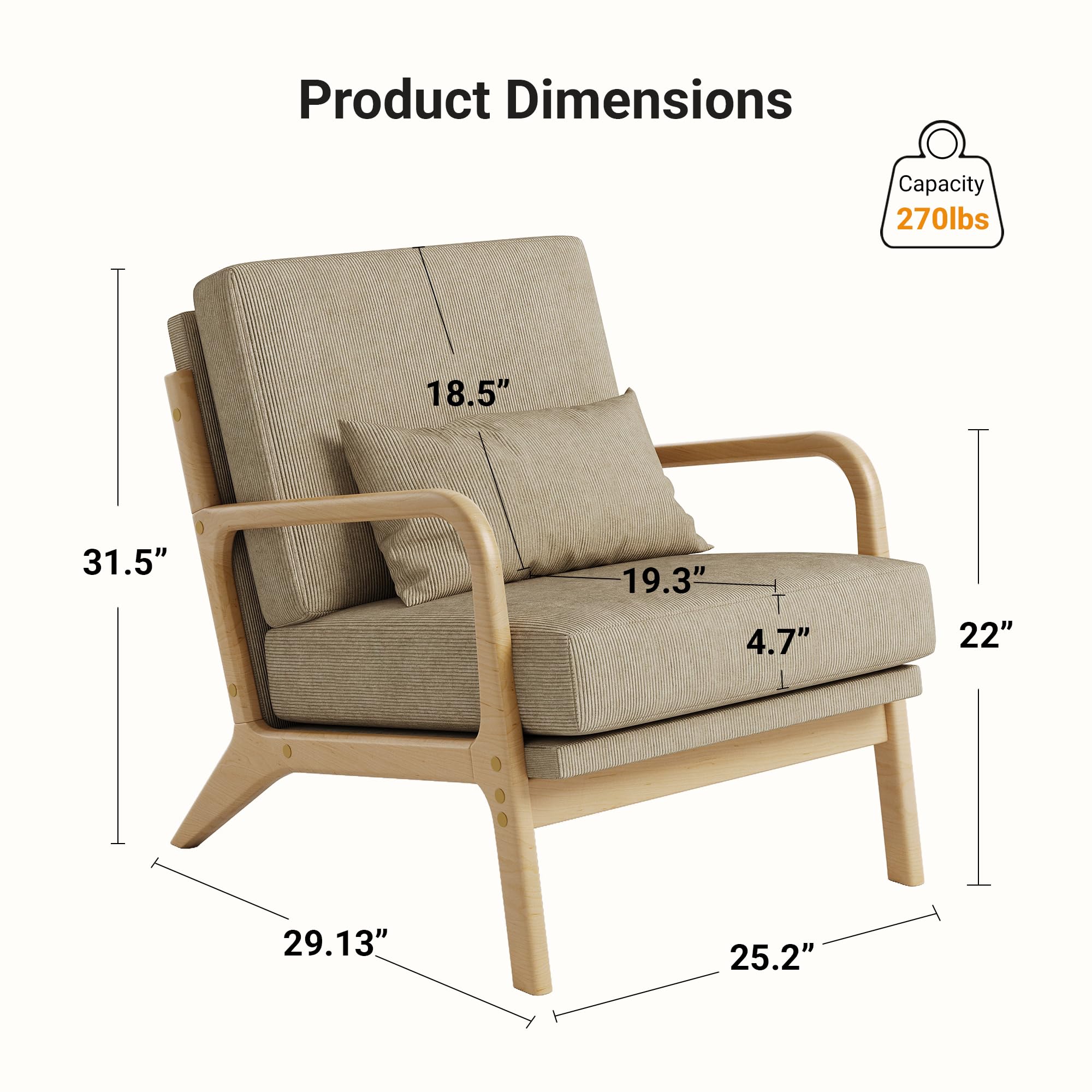 Mid-Century Modern Accent Chair, Armchair with Solid Wood Frame & Lumbar Pillow, Comfy Upholstered Lounge Chair for Office, Bedroom, Corduroy, Khaki