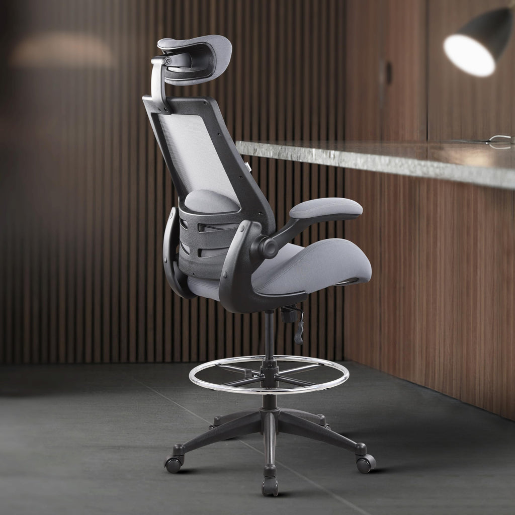 400lbs High Back Computer Office Drafting Chair Flip up Armrests Lumbar Support Adjustable Big Footrest Ring (Grey)