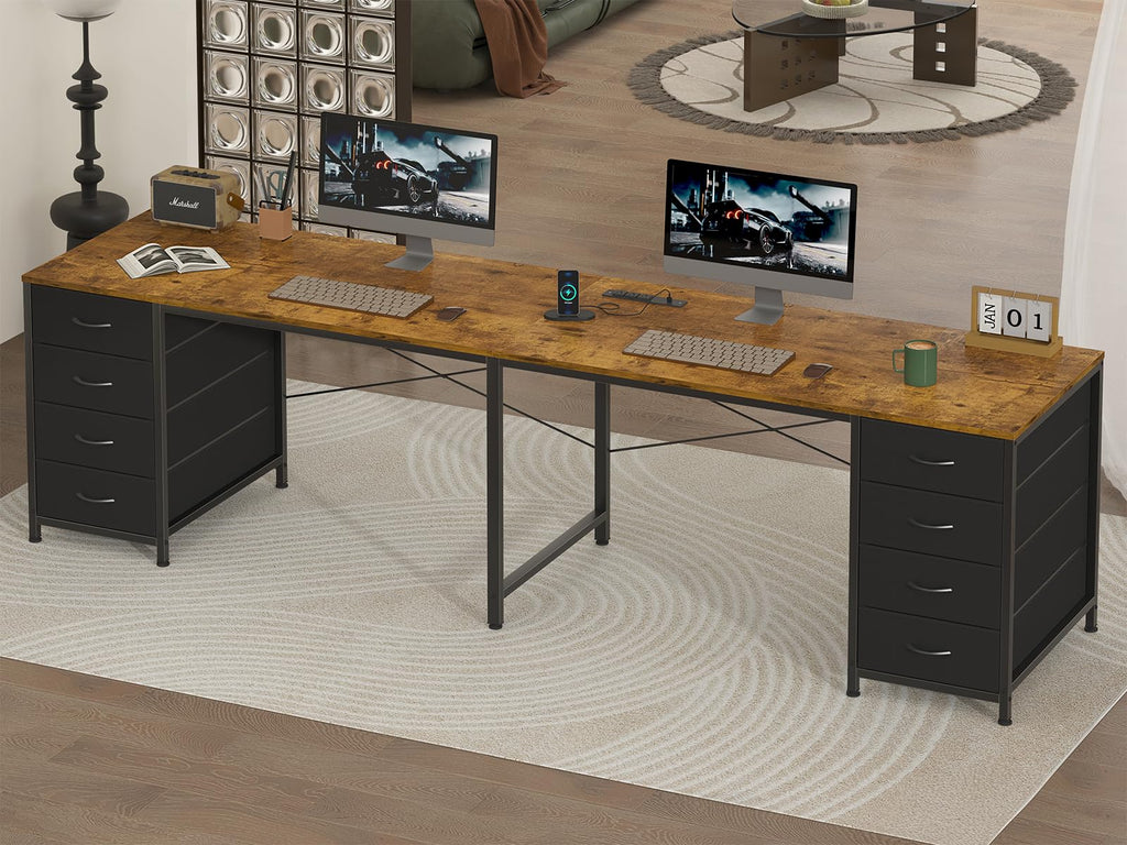 95'' Two Person Desk with 8 Drawers, Long Office Desk with Charging Station, 2 Person Desks Double Desk Writing Study Table for Home Office, Brown and White, Brown and Black