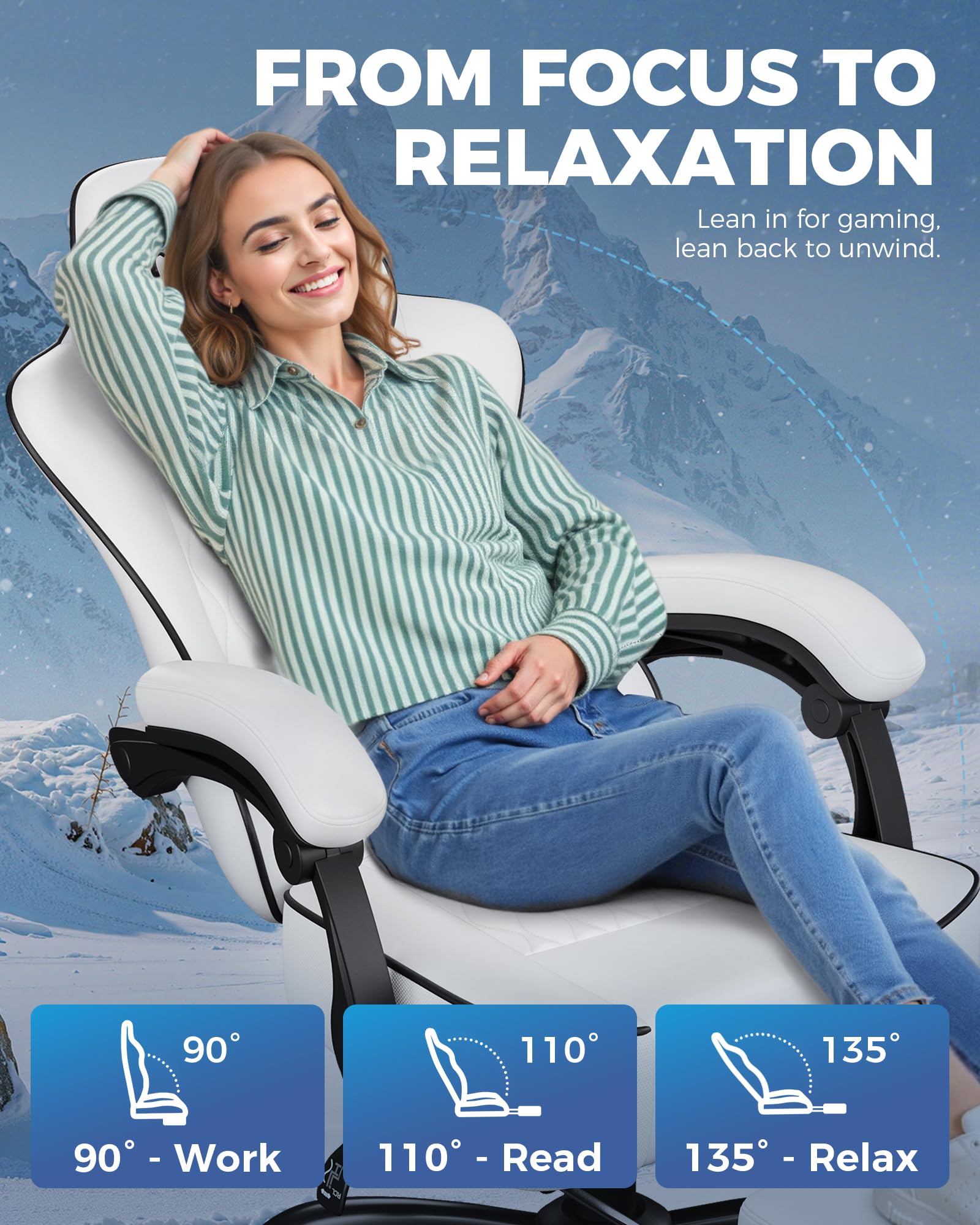 Big and Tall Gaming Chair with Footrest, Ergonomic Office Desk Chair with 4.4in Thick Cushion and Wide Wingless Seat, Comfortable Leather Computer Chair, Predator Series, White