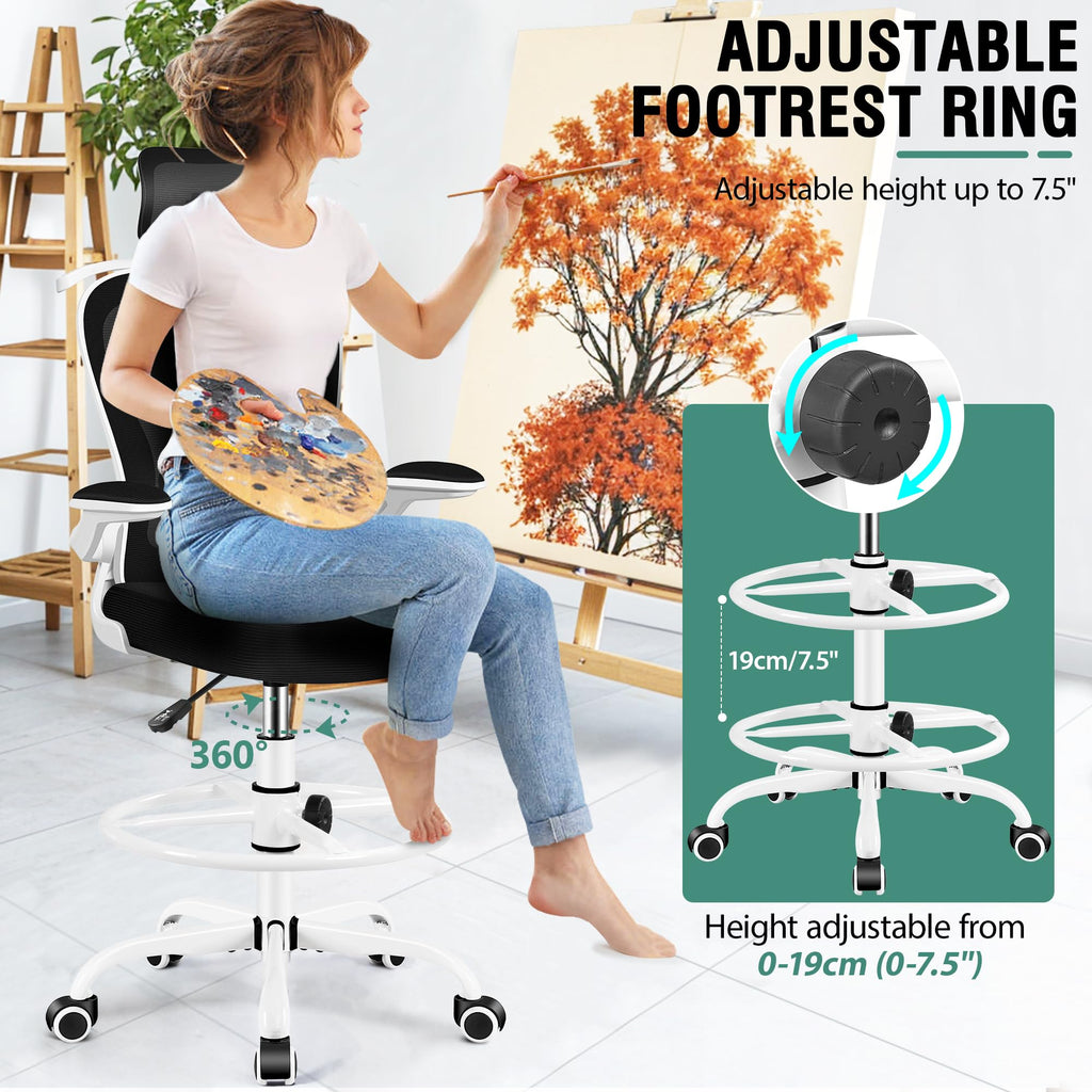 Drafting Chair, Tall Office Chair with 3D Lumbar & Head Support, Ergonomic Mesh Standing Desk Chair with Footring, Comfy Extended High Desk Chair with Flip-Up Arms & Hanger,White
