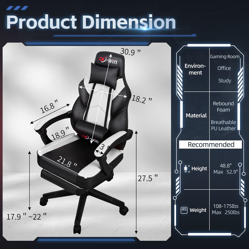 Video Gaming Chair for Adults, Computer Chair with Footrest and Ergonomic High Back, Big and Tall Gamer Chair with Massage Lumbar Support, 360° Swivel Height Adjustable Computer Chair, White