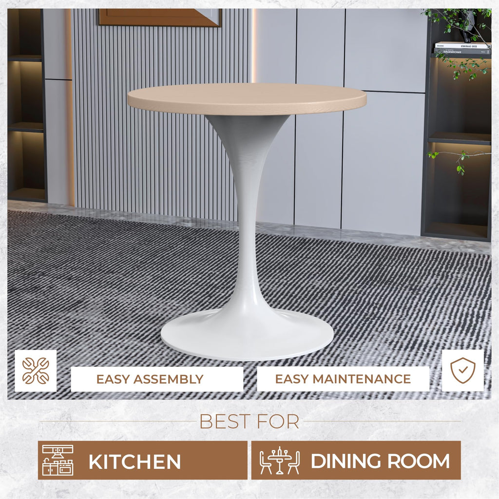 LeisureMod Verve Mid-Century Modern 27 Inch Round Dining Table, MDF Wood Tabletop with White Steel Pedestal Base, Contemporary Kitchen & Dining Room, Small Space Breakfast Table, Light Natural Wood