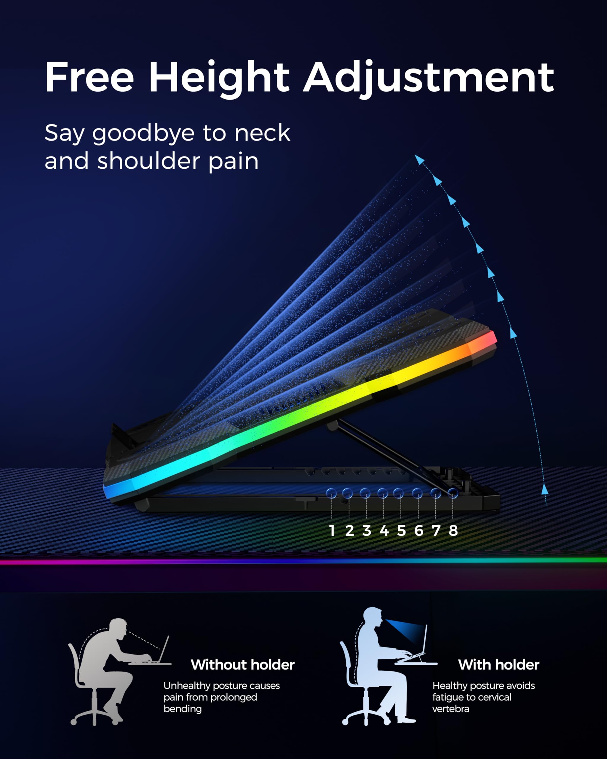 Laptop Cooling Pad, RGB Lights Laptop Cooler 9 Fans for 15.6-19.3 Inch Laptops, Gaming Laptop Fan Cooling Pad with 8 Height Stands, 2 USB Ports - A21 Blue