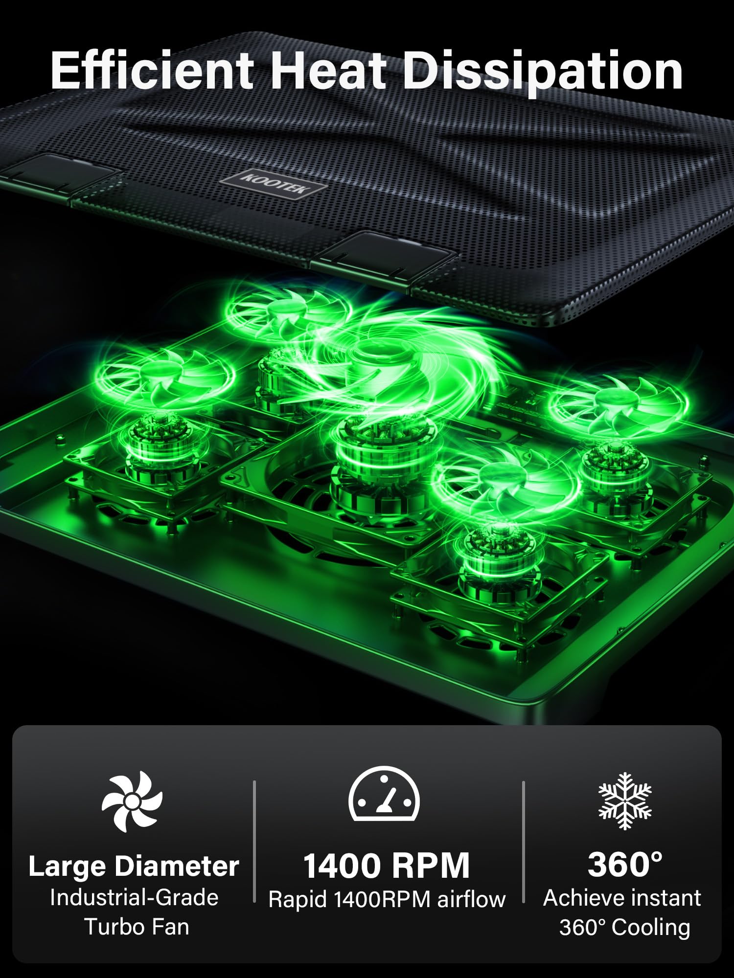 Laptop Cooling Pad, Laptop Cooler with 5 Quiet Fans for 12"-17" Computer PC Notebook Gaming Laptop Fan, Height Adjustable Laptop Cooling Stand Laptop Accessories, Green