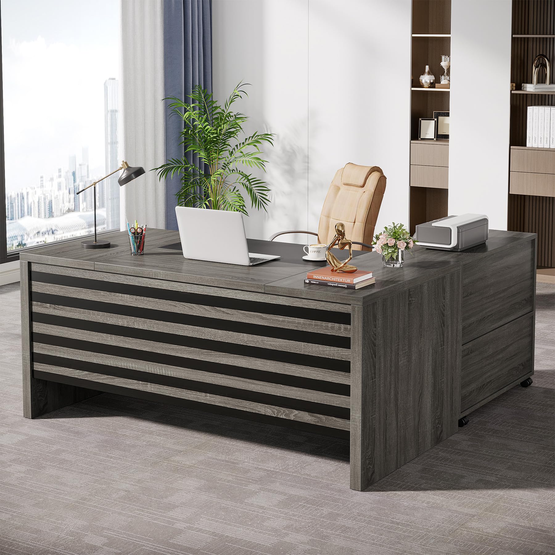 62.2" Executive Desk with Mobile File Cabinet, L-Shaped Office Desk with Storage Shelves, Large Computer Table Business Workstation Set for Home Office, Grey