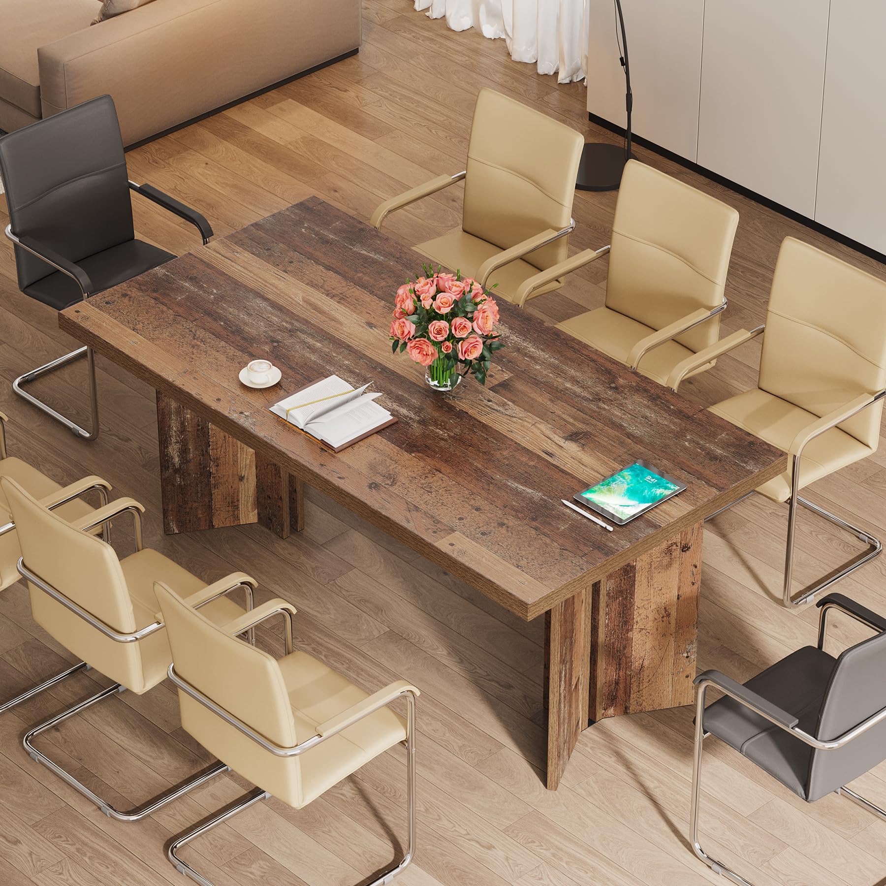 10.5FT Conference Table, Large Rectangle Meeting Seminar Table for 10-12 Person, Long Wooden Business Tables (Set of 6, Distressed Brown)