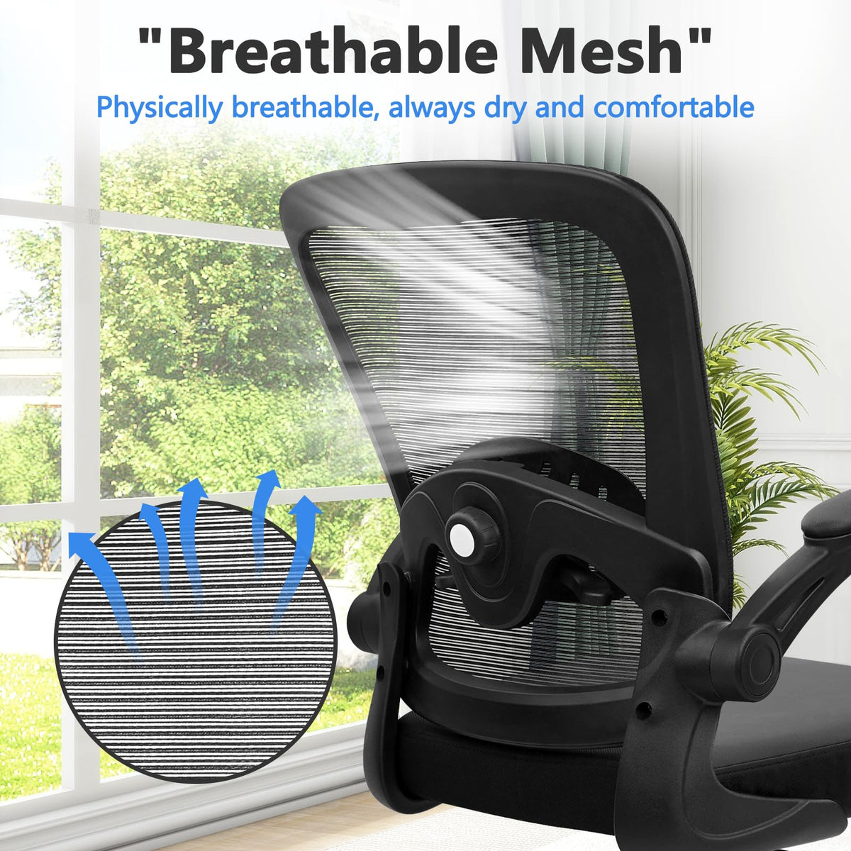 Desk Chairs with Wheels, Ergonomic Mesh Back PU Leather Seat Home Office Chair Adjustable Lumbar Support and Height Swivel Rolling Computer Task Chairs with Flip Up Arms for Conference, Black