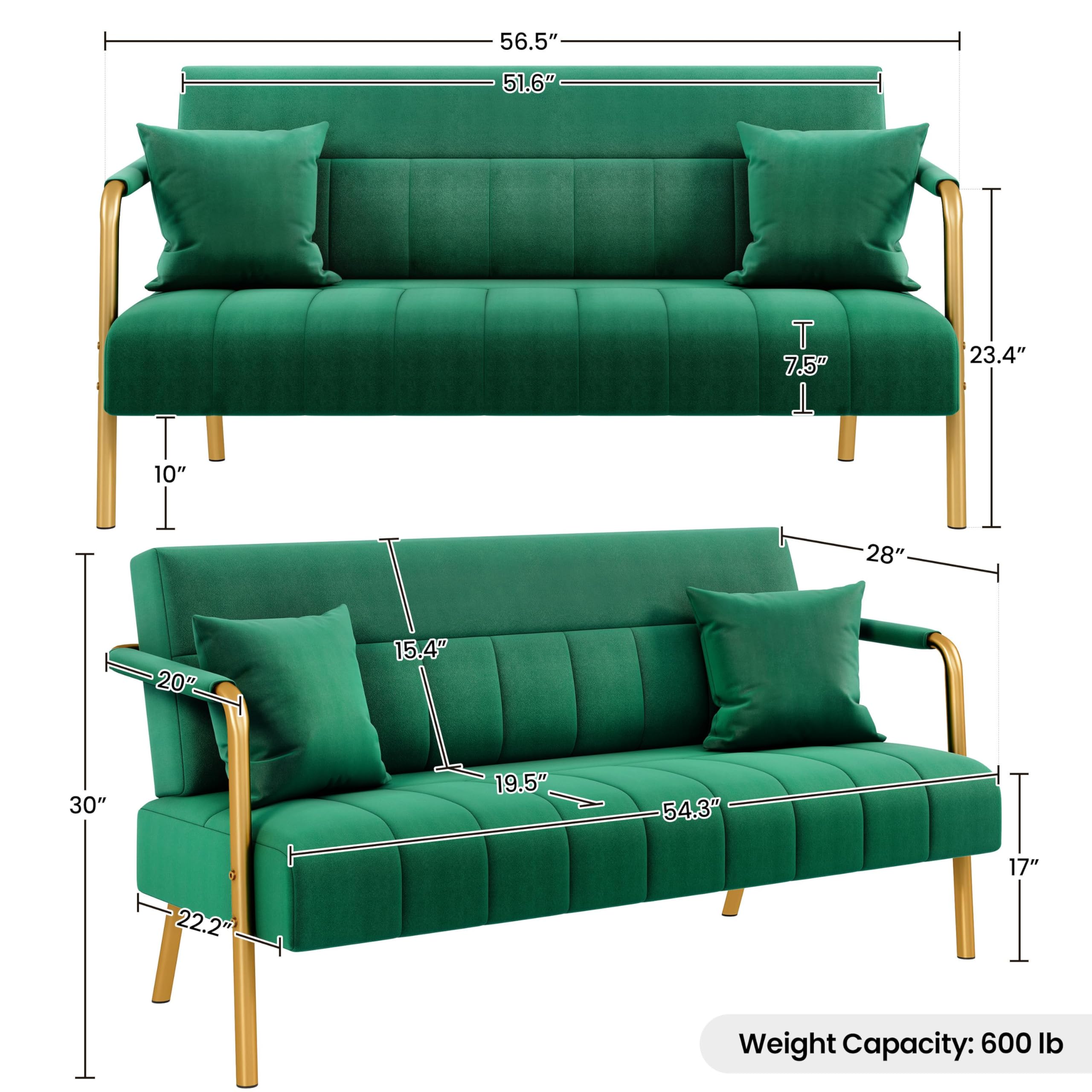 56.5" W Modern Sofa Small Sofa Luxurious Velvet Fabric Couch with Gold-Tone Metal Arms and Legs for Living Room, Office, Studio Green