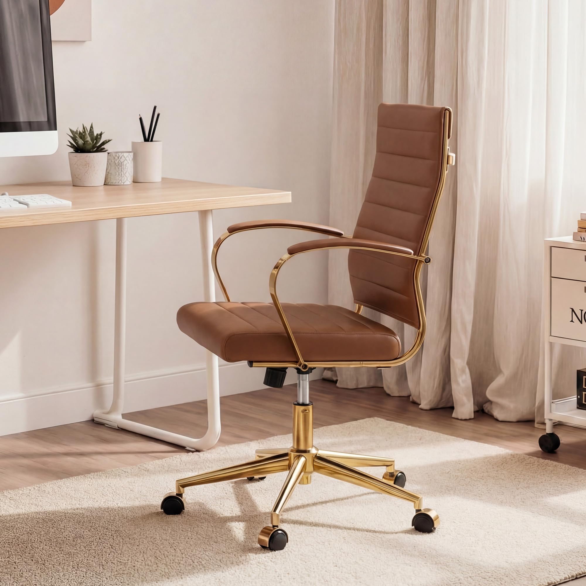 Gold Office Desk Chair, Ergonomic Leather Modern Conference Room Chairs, Executive Ribbed Height Adjustable Swivel Rolling Golden Chair for Home Office.