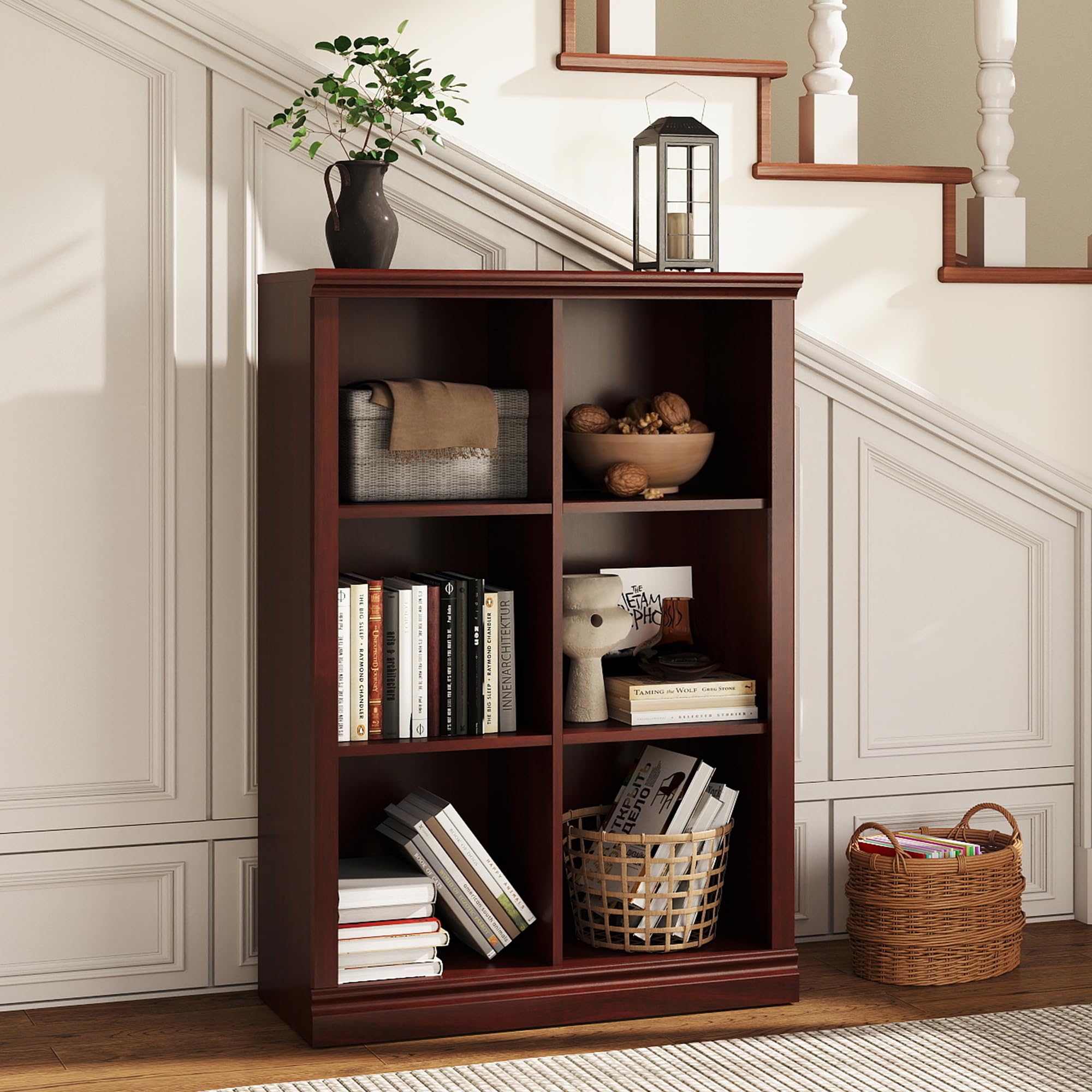 3 Tiers 6 Cube Storage Organizer Bookcase, 30 inch Width Wooden Book Shelf