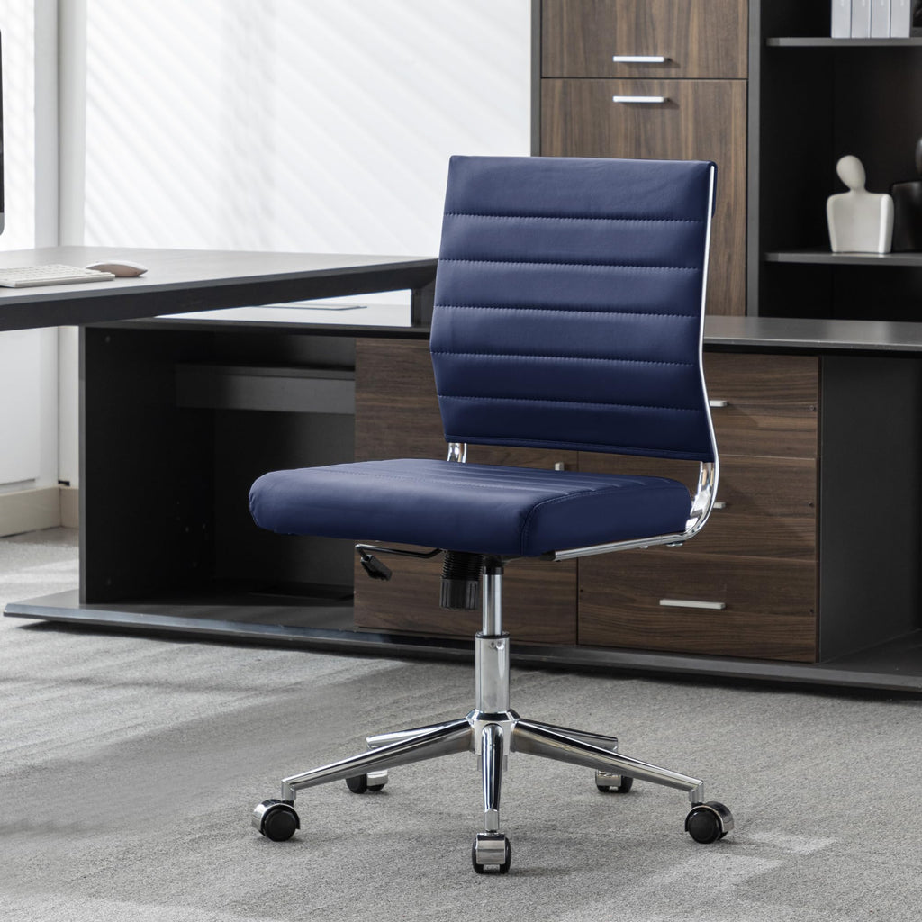 Armless Office Desk Chair, Mid Back Leather Conference Room Chairs Without Armrests, Modern Office Chair Ribbed.