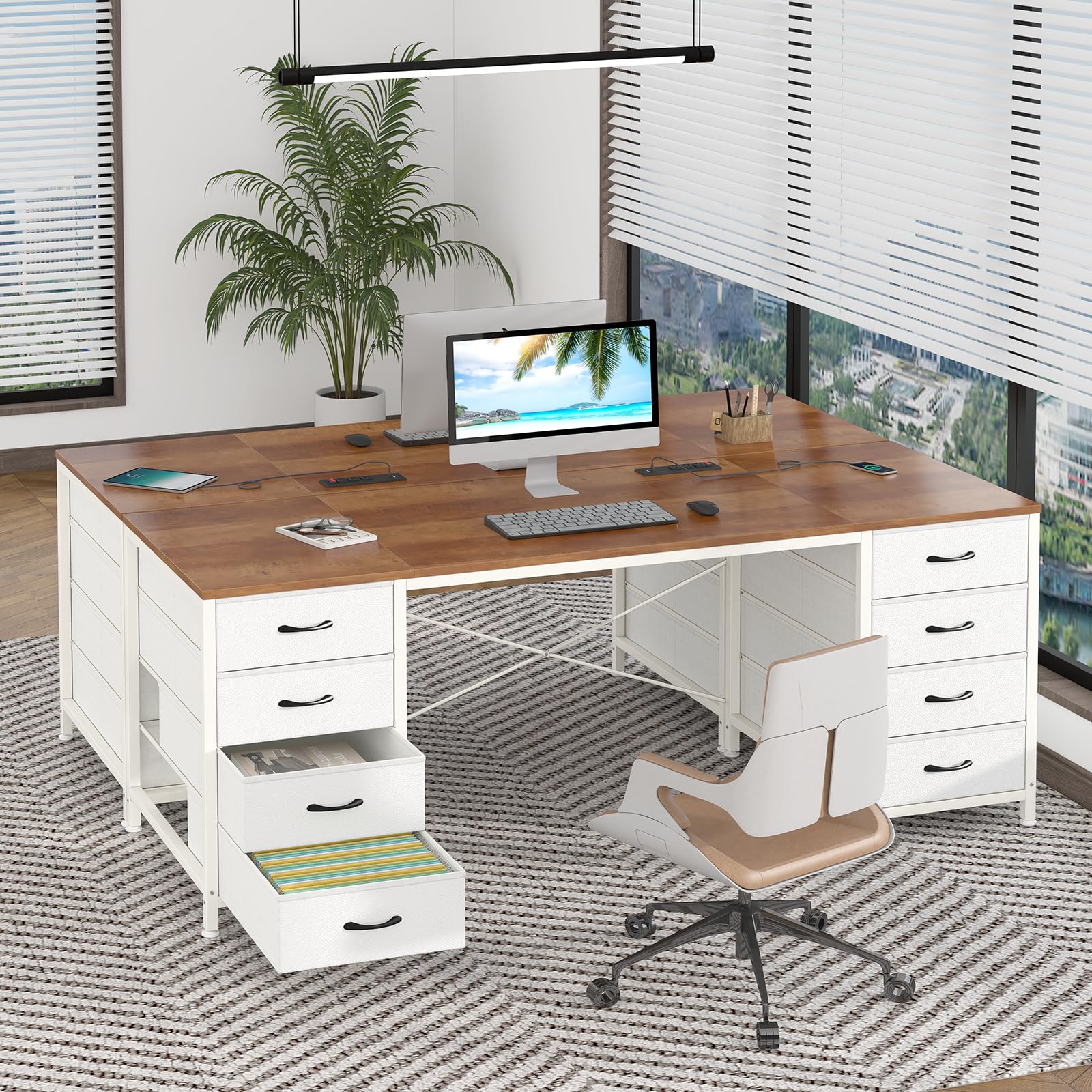 60 Inch Computer Desk with 8 Drawers, Home Office Desk with Power Outlets, Work Study Gaming Desk with 8 Fabric Drawers, Brown and White