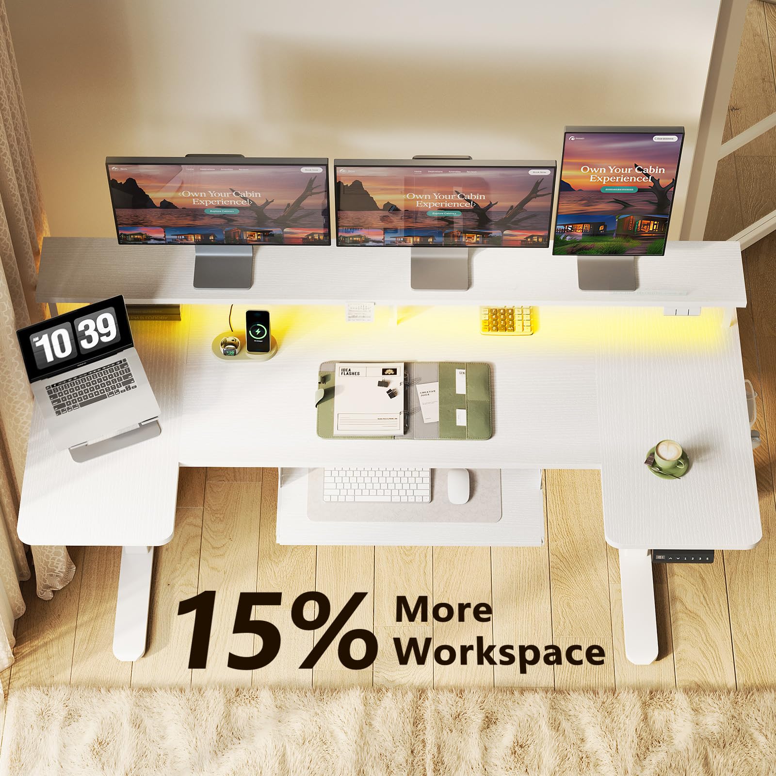 U Shaped Electric Standing Desk with Keyboard Tray, 63 Inch Height Adjustable Desk with Power Outlets & LED Lights, Sit Stand Table with Monitor Stand for Home, Office, White