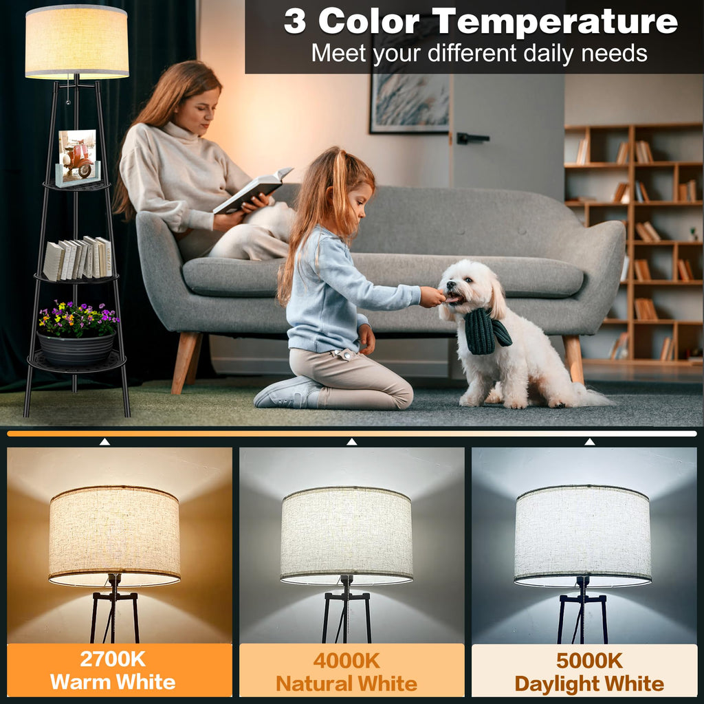 Floor Lamp with Shelves, Beige Shade Standing Lamp