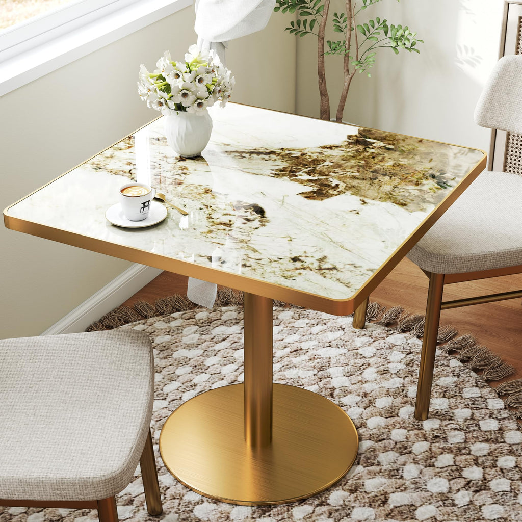hausway 31.5" Tulip Table,Square Kitchen Dining Table for 2-4 with Thick Sintered Stone Top,Titanium Golden Pedestal Base,Heat-Resistant,Bistro Table for Dining Room,Café,Small Space（Cloud Amber）