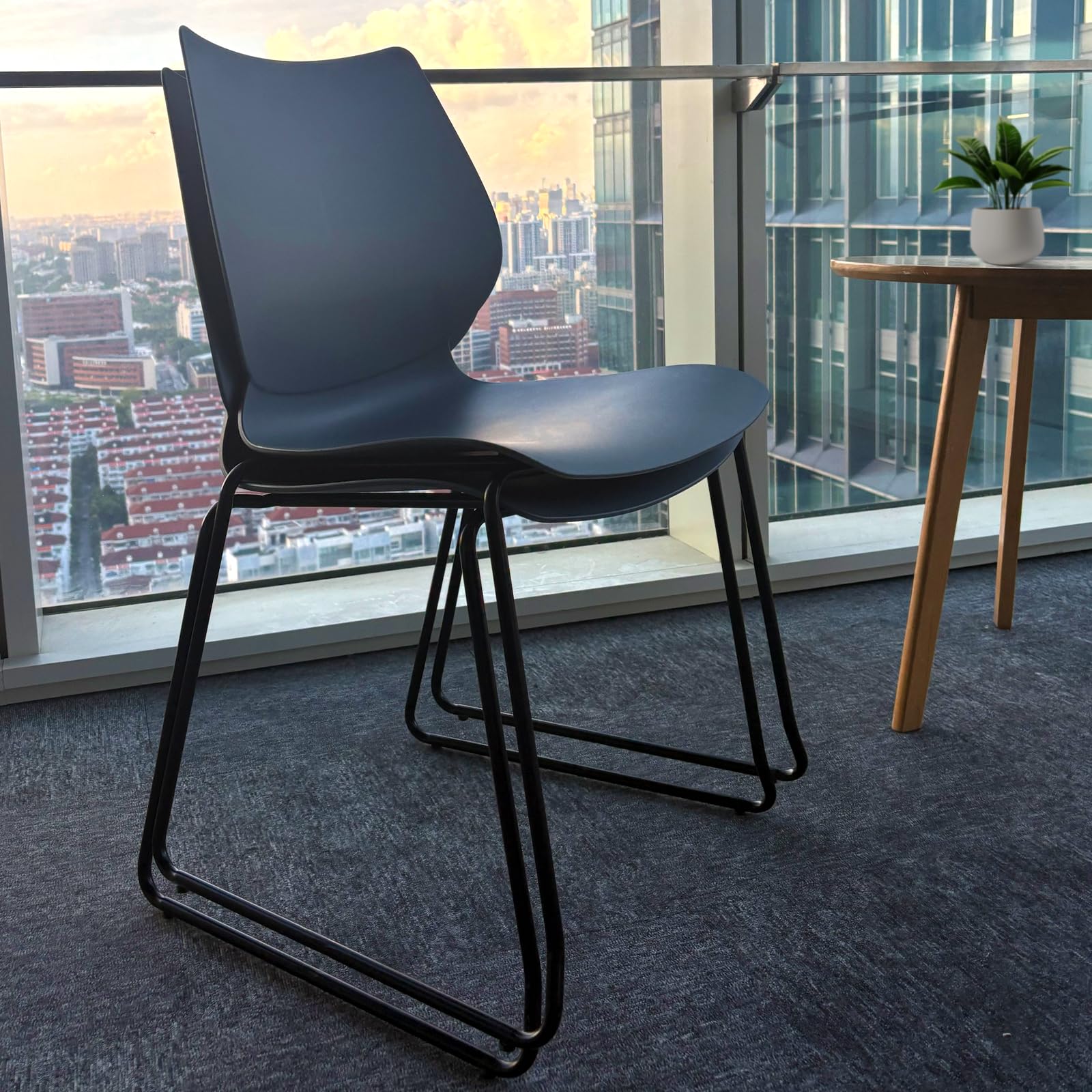 Set of 4, Stackable Waiting Room Chair, Stacking Office Chair with Ergonomic Lumbar Support and Metal Legs, Plastic Desk Chairs for Conference School Church Guest Reception, Black