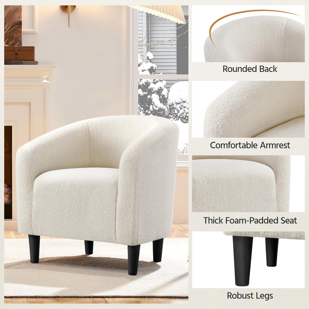 Accent Barrel Chair, Boucle Fabric Club Chair, Furry Sherpa Elegant Armchair with Cozy Soft Padded, Suitable for Living Room Bedroom Reception Room Office, Ivory